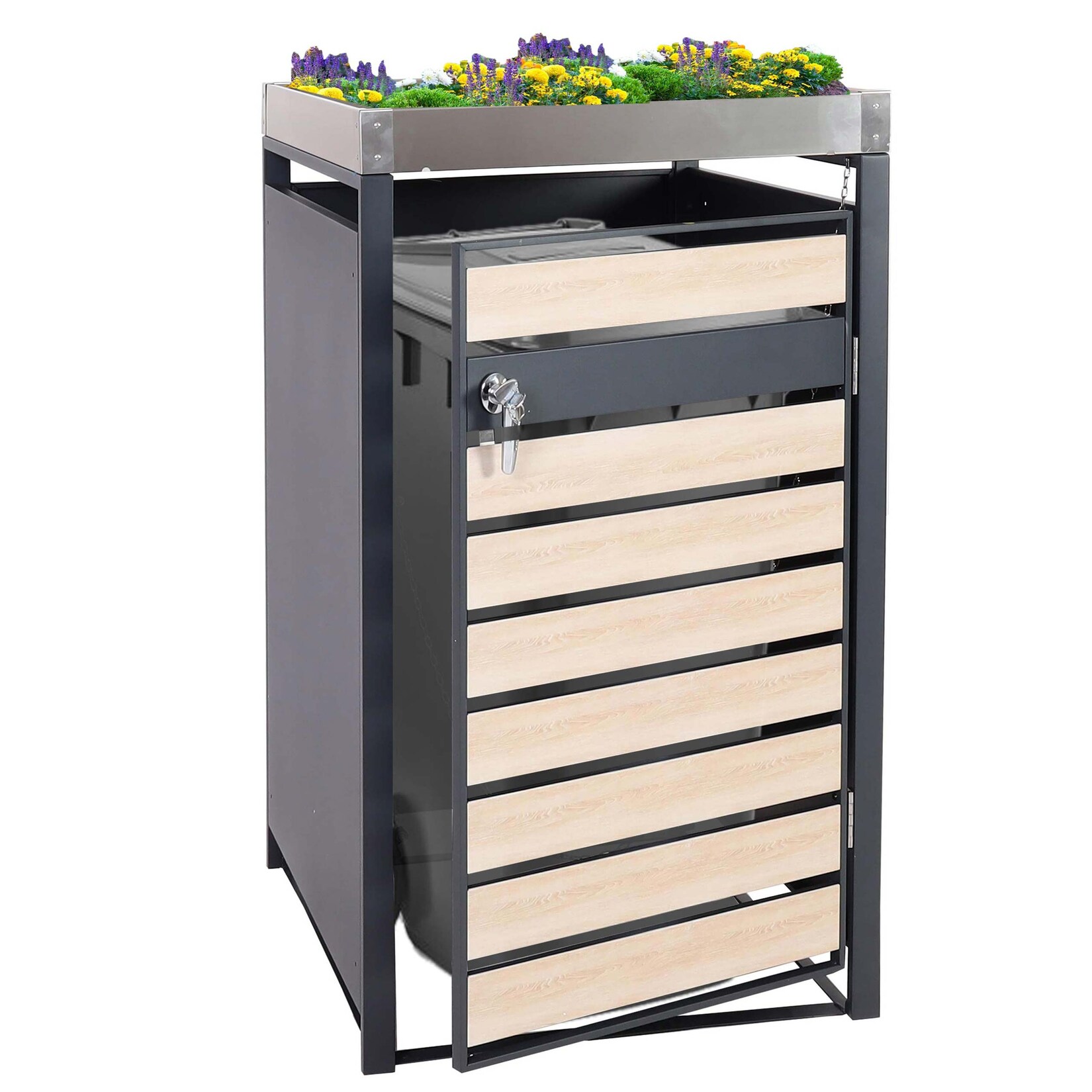 1er Mülltonnenverkleidung mit Pflanzkasten MCW-J81, erweiterbar, 125x68x80cm Metall 31kg, anthrazit ~ Buche-Holzoptik