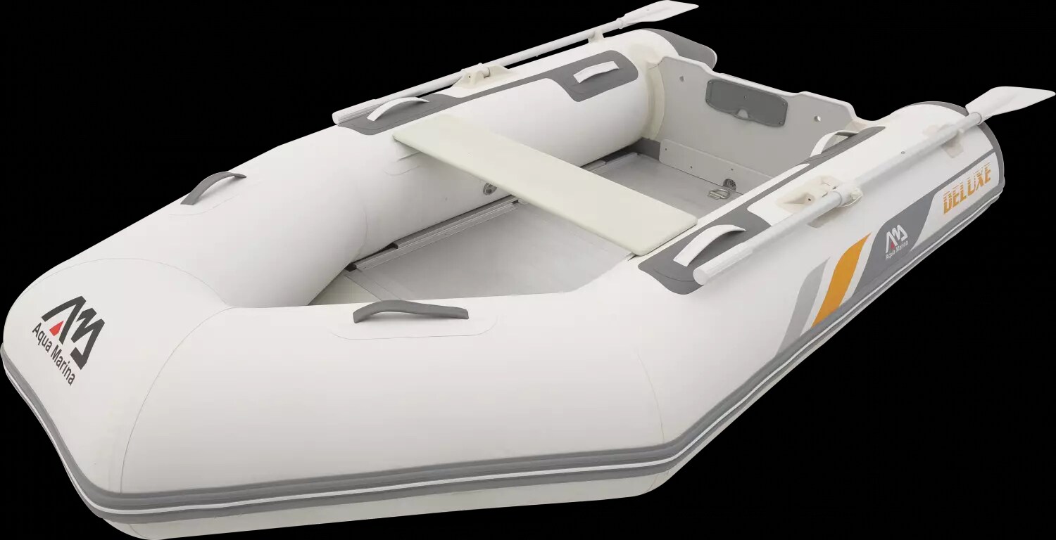 Aqua Marina Schlauchboot 5 Personen 330×153 cm mit Hochdruck-PVC-Gewebe Handpumpe Sitzbank Transporttasche Holzboden Paddel bis 15 PS Weiß | 04260307168544