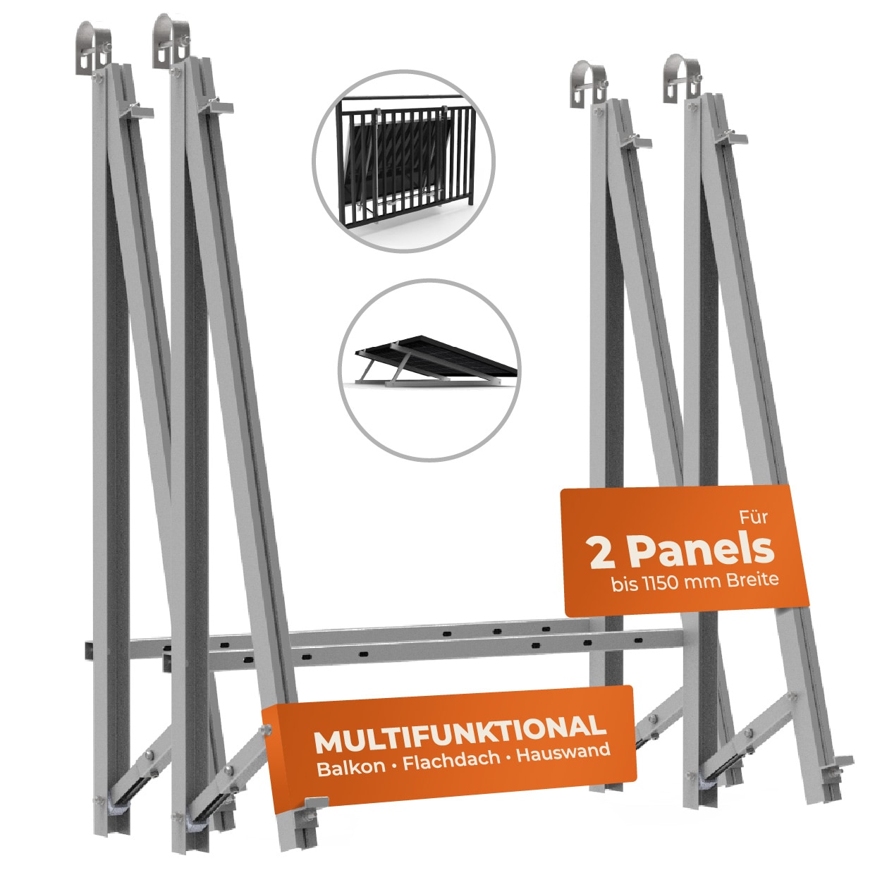 Solarway Balkonkraftwerk Halterung Gel&auml;nder, Fassade und Flachdach Befestigung f&uuml;r 2 Solarmodule Halterung | Set | Neigungswinkel 10-30&deg;| BLACK - Bild 1