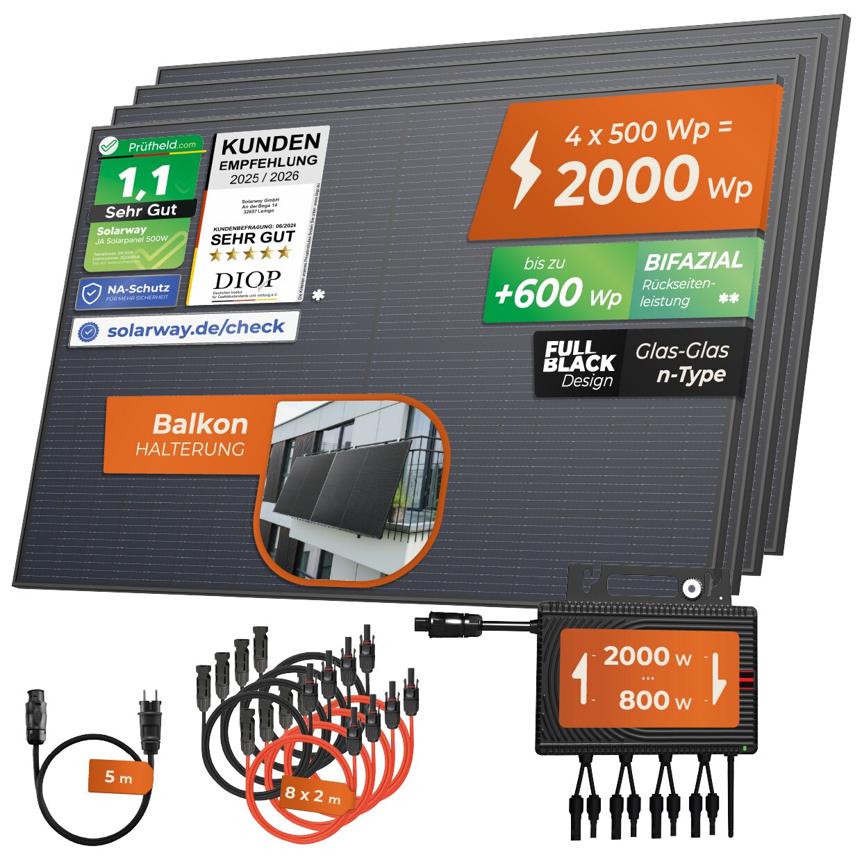 Solarway® Balkonkraftwerk 2000W komplett Steckdose – neuester 2000W Wechselrichter – Solaranlage Komplettset – 500W bifaziale Solarmodule & Envertech & Zubehör | 04262403071346