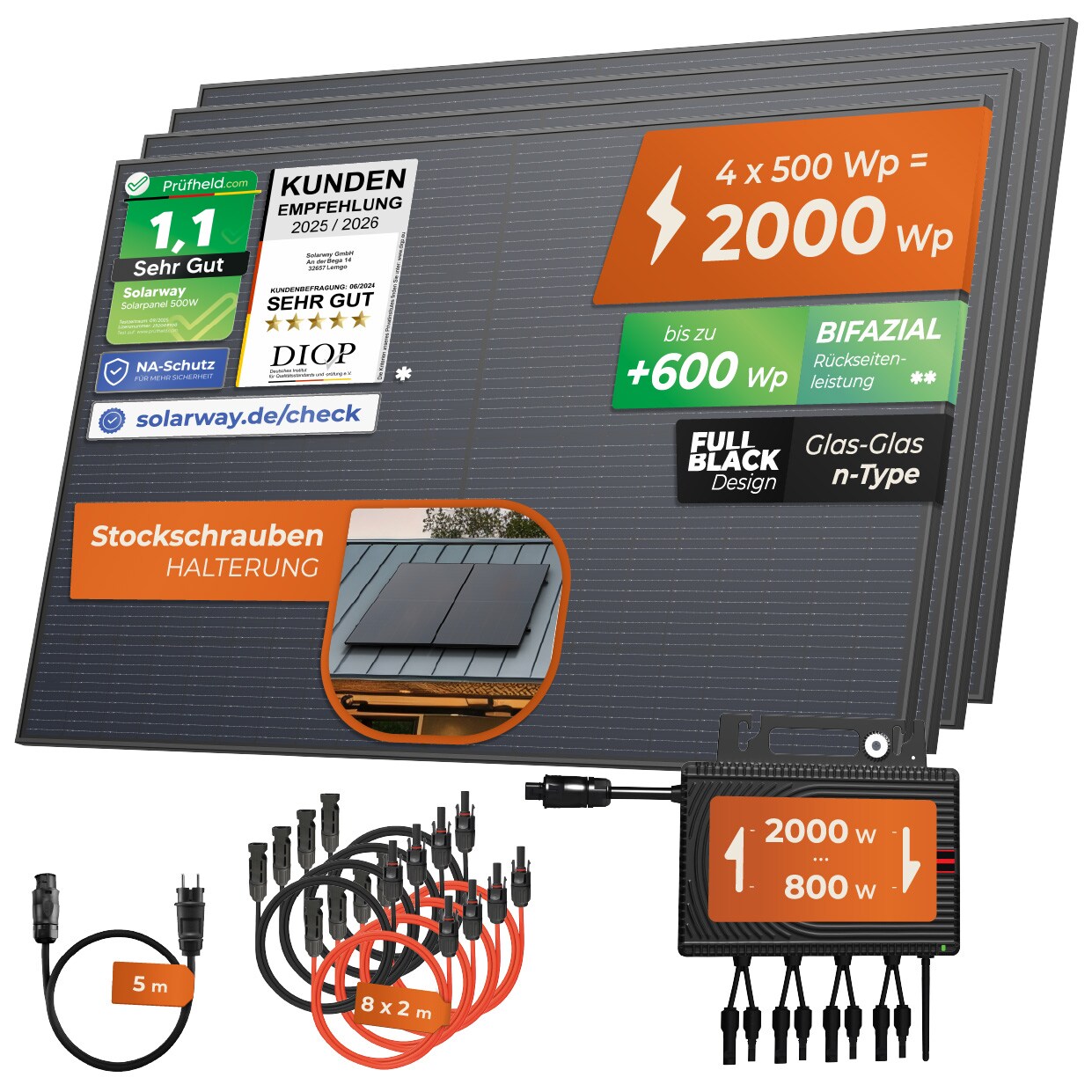 Solarway&reg; Balkonkraftwerk 2000W komplett Steckdose - neuester 2000W Wechselrichter - Solaranlage Komplettset - 500W bifaziale Solarmodule & Envertech & Zubeh&ouml;r - Bild 1