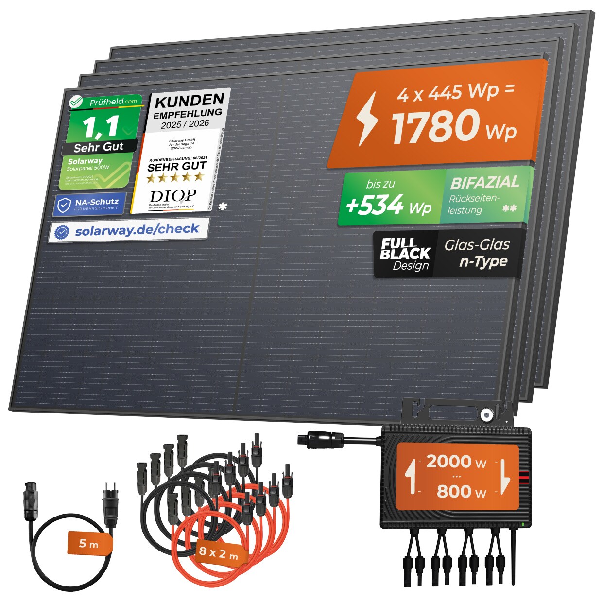Solarway® 1780Wp / 2000-800W Balkonkraftwerk komplett Steckdose – neuester 2000 Watt Wechselrichter – Solaranlage Komplettset – 445W bifaziale Solarmodule & Envertech & Zubehör