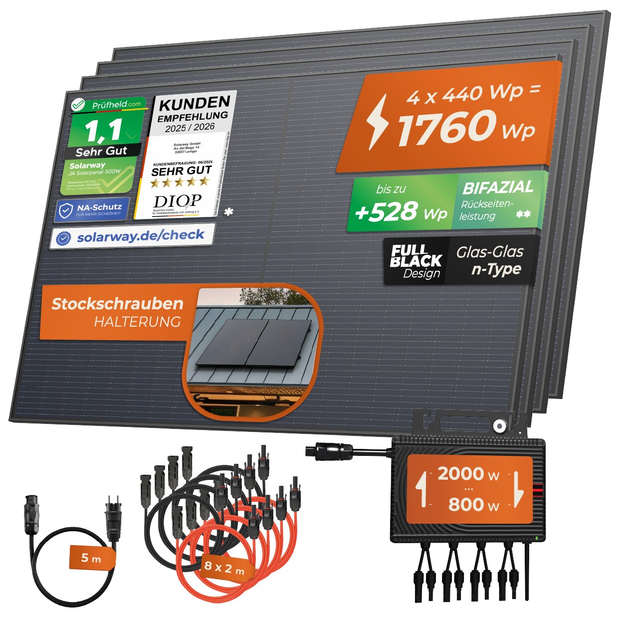Solarway&reg; 1760W Balkonkraftwerk 1600W komplett Steckdose - neuester 1600 Watt Wechselrichter - Solaranlage Komplettset - 440W Solarmodule & Deye & Zubeh&ouml;r - Bild 1