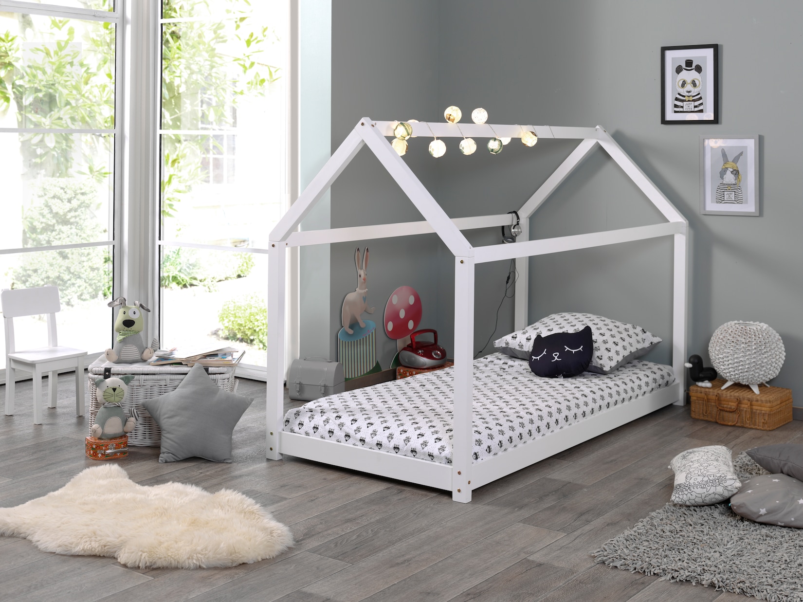 Hausbett Set CABANE mit Matratze -versch. Ausführungen - Liegefläche 90 x 200 cm Kiefer weiß