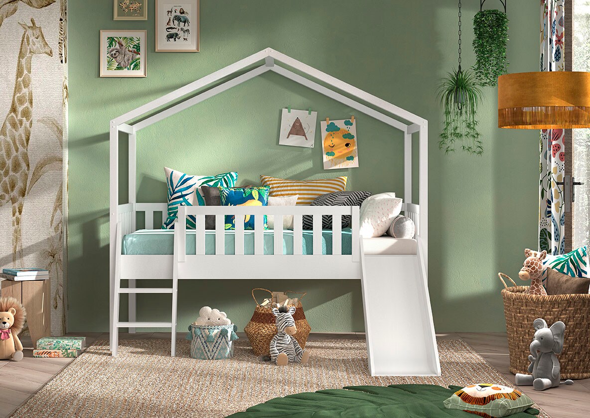 Hausbett Dallas mit Leiter und Rutsche, Liegefläche 90 x 200 cm, inkl. Rolllattenrost, Ausf. Kiefer weiß lackiert | 05420070239615