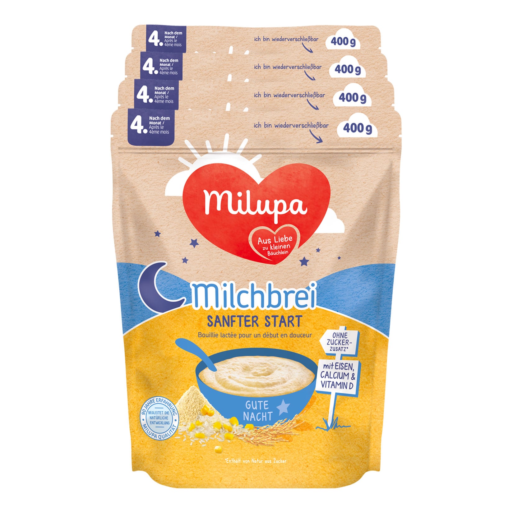 Milupa Gute Nacht Sanfter Start Milchbrei 400 g, 4er Pack
