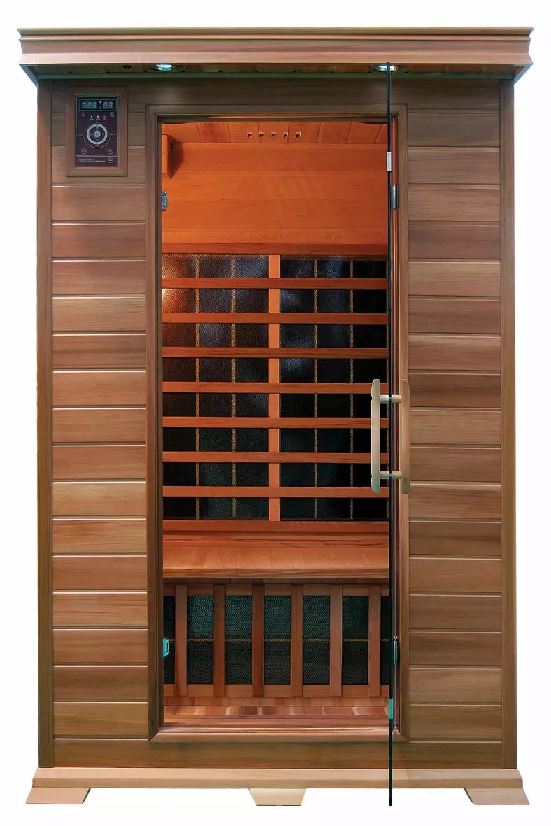 PureHaven Infrarotkabine 120x105x190 cm aus rotem Zeder-Holz Bluetooth-Soundsystem Timer Lichttherapie in 4 Farben digitale Steuerung - Bild 1