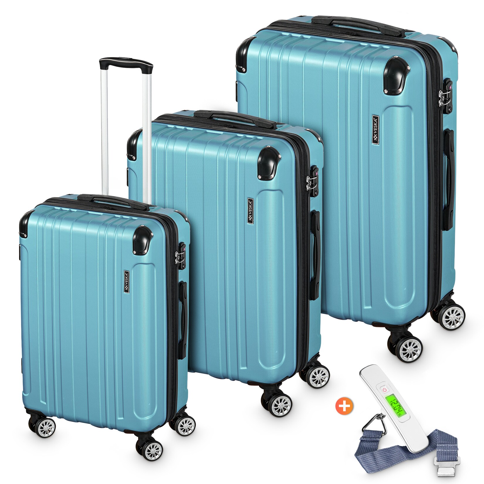 Veska Hartschalenkoffer Kofferset "Madrid" 3 teilig mit TSA Zahlenschloss 4 Rollen ABS-Hartschale, Reisekoffer Trolley Rollkoffer Koffer - nebelblau