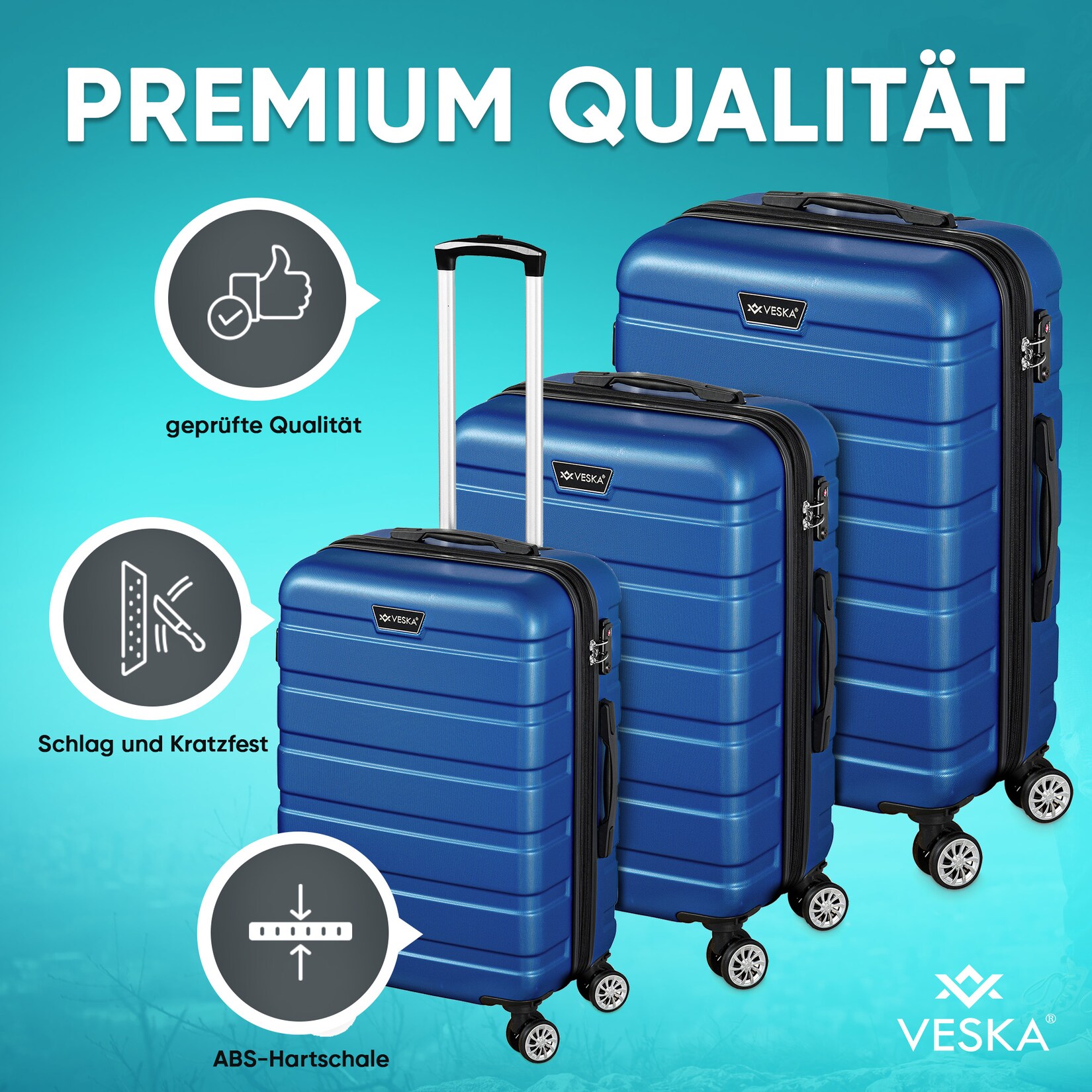 Veska Hartschalenkoffer Kofferset "Nizza" 3 teilig mit TSA Zahlenschloss 4 Rollen ABS-Hartschale, Reisekoffer Trolley Rollkoffer Koffer - …