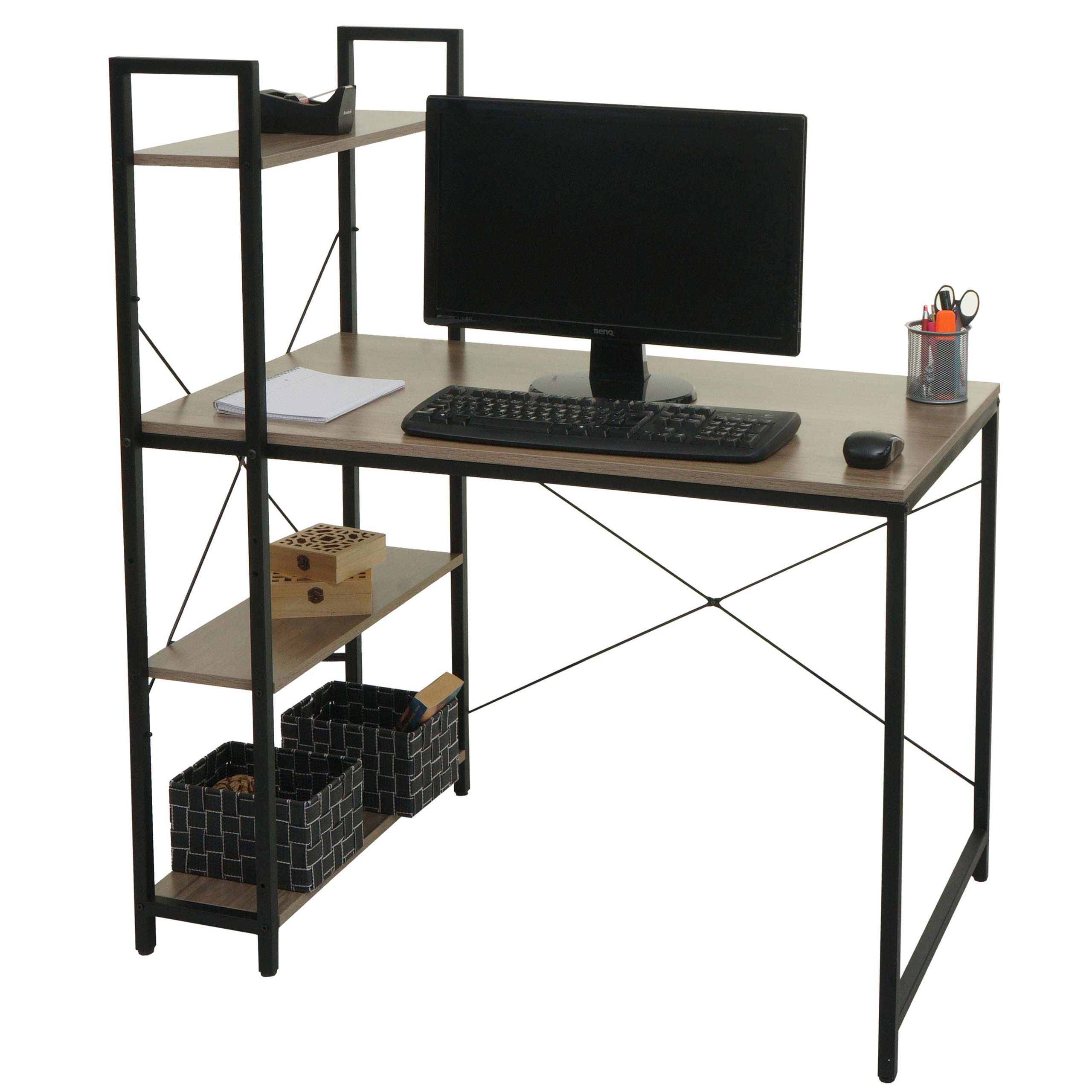 Schreibtisch mit Regal MCW-K81, Laptoptisch B&uuml;rotisch Arbeitstisch, 100x60cm Metall MDF ~ grau-braun - Bild 1