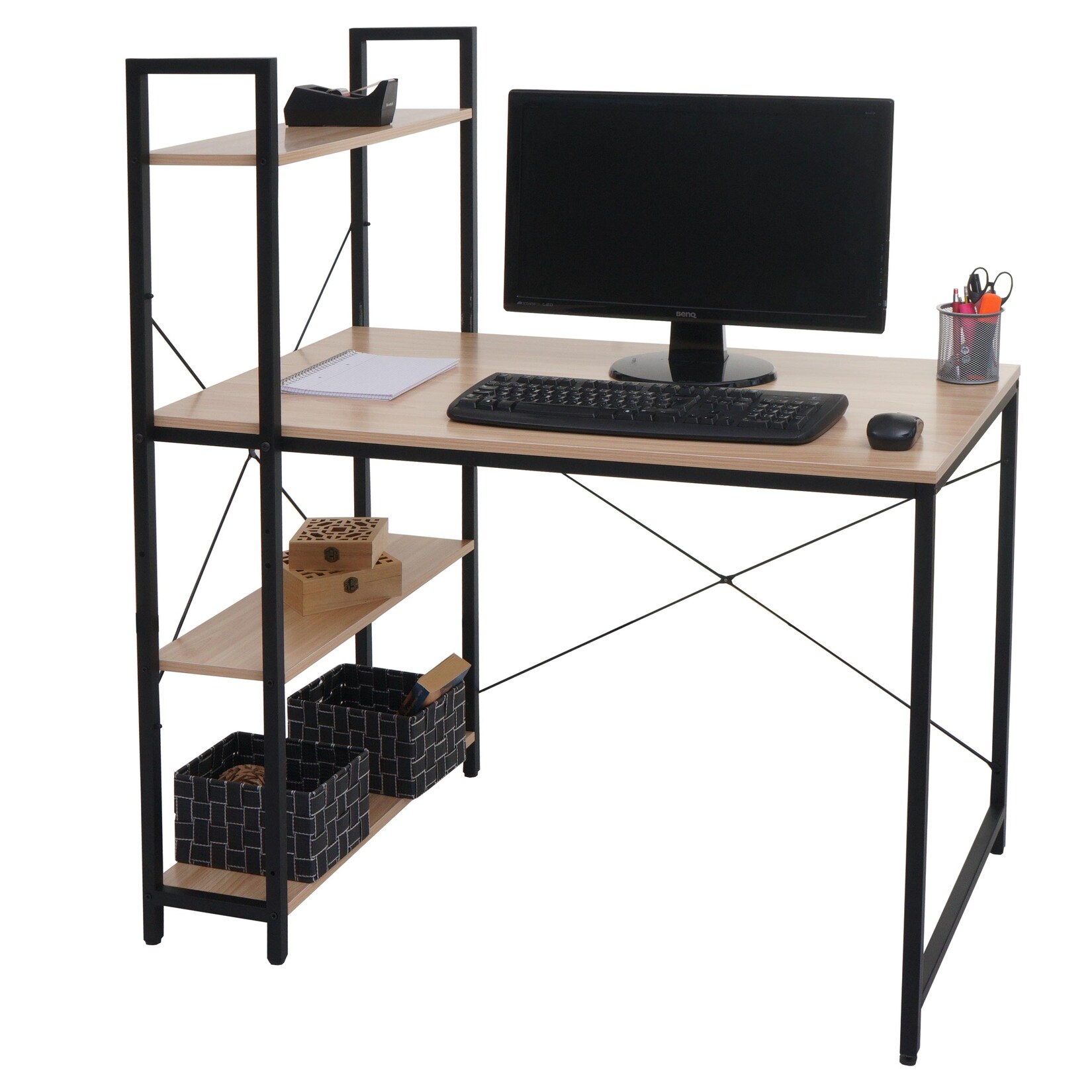 Schreibtisch mit Regal MCW-K81, Laptoptisch Bürotisch Arbeitstisch, 100x60cm Metall Holz ~ natur
