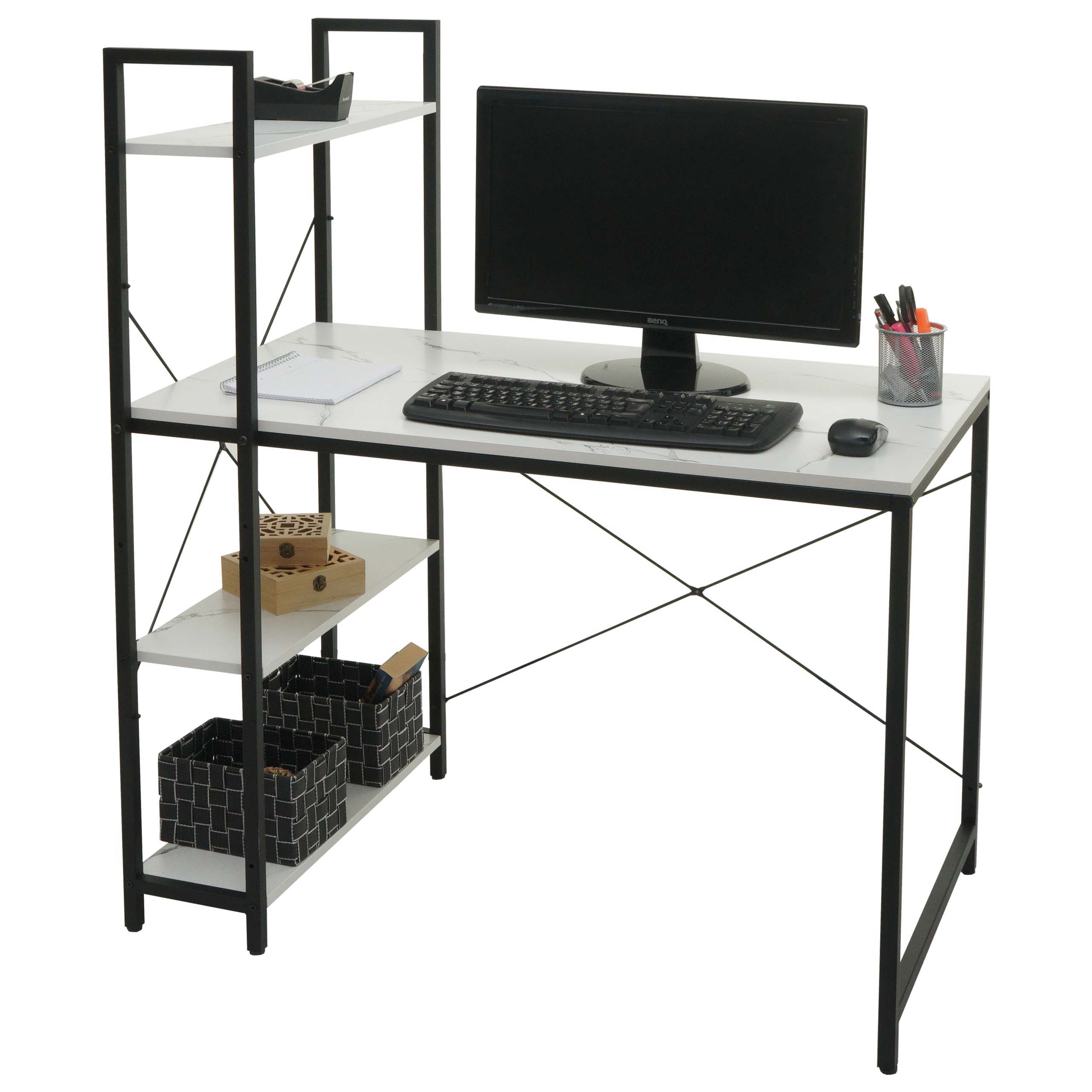 Schreibtisch mit Regal MCW-K81, Laptoptisch B&uuml;rotisch Arbeitstisch, 100x60cm Metall MDF ~ Marmor-Optik wei&szlig; - Bild 1