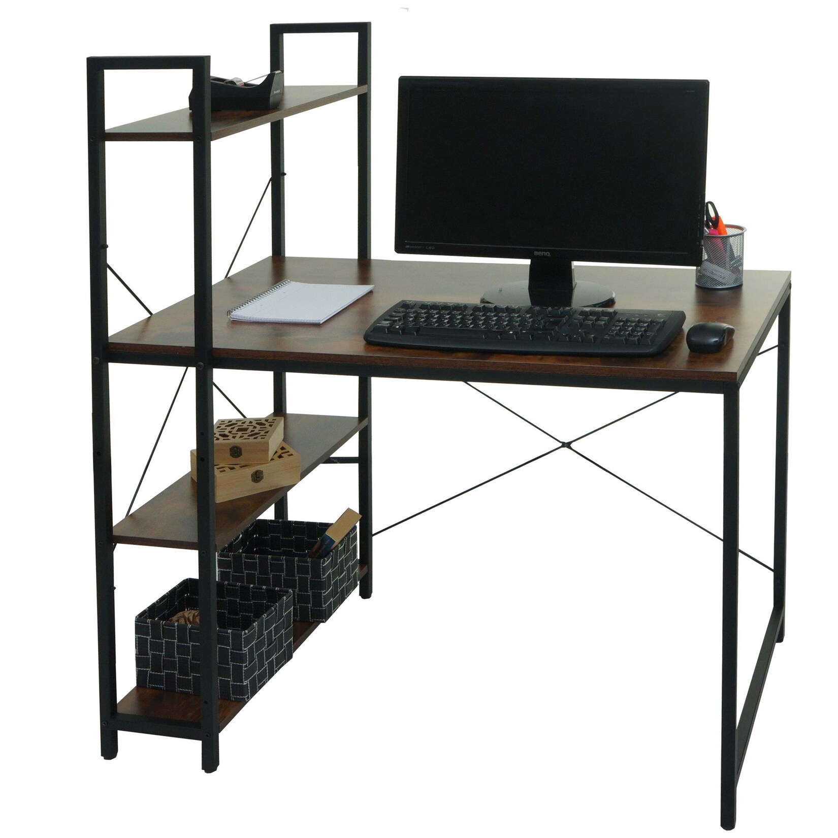 Schreibtisch mit Regal MCW-K81, Laptoptisch Bürotisch Arbeitstisch, 100x60cm Metall MDF ~ braun