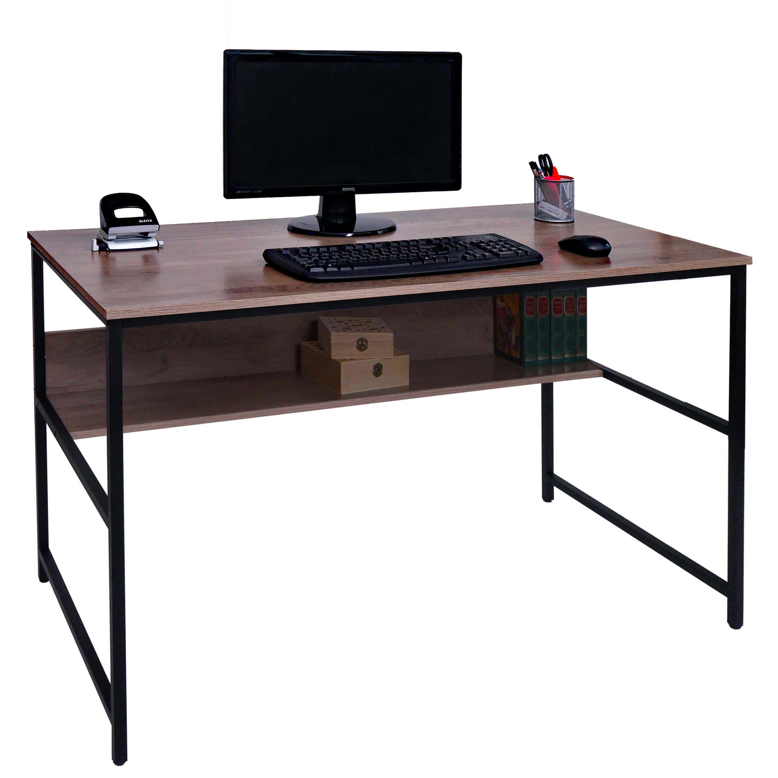 Schreibtisch MCW-K80, B&uuml;rotisch Computertisch Arbeitstisch Ablage, Metall MDF 120x60cm ~ grau-braun - Bild 1