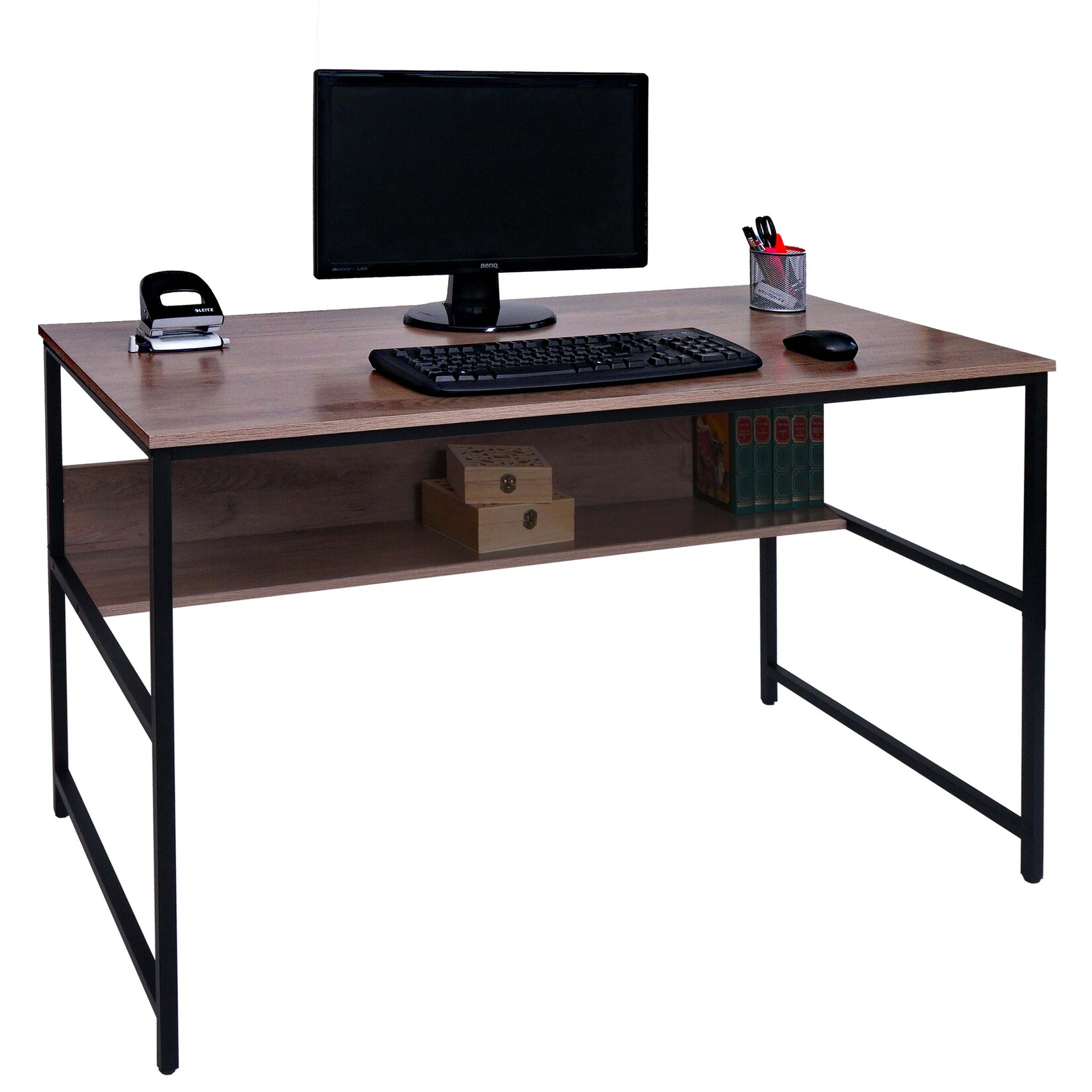 Schreibtisch MCW-K80, Bürotisch Computertisch Arbeitstisch Ablage, Metall MDF 120x60cm ~ grau-braun
