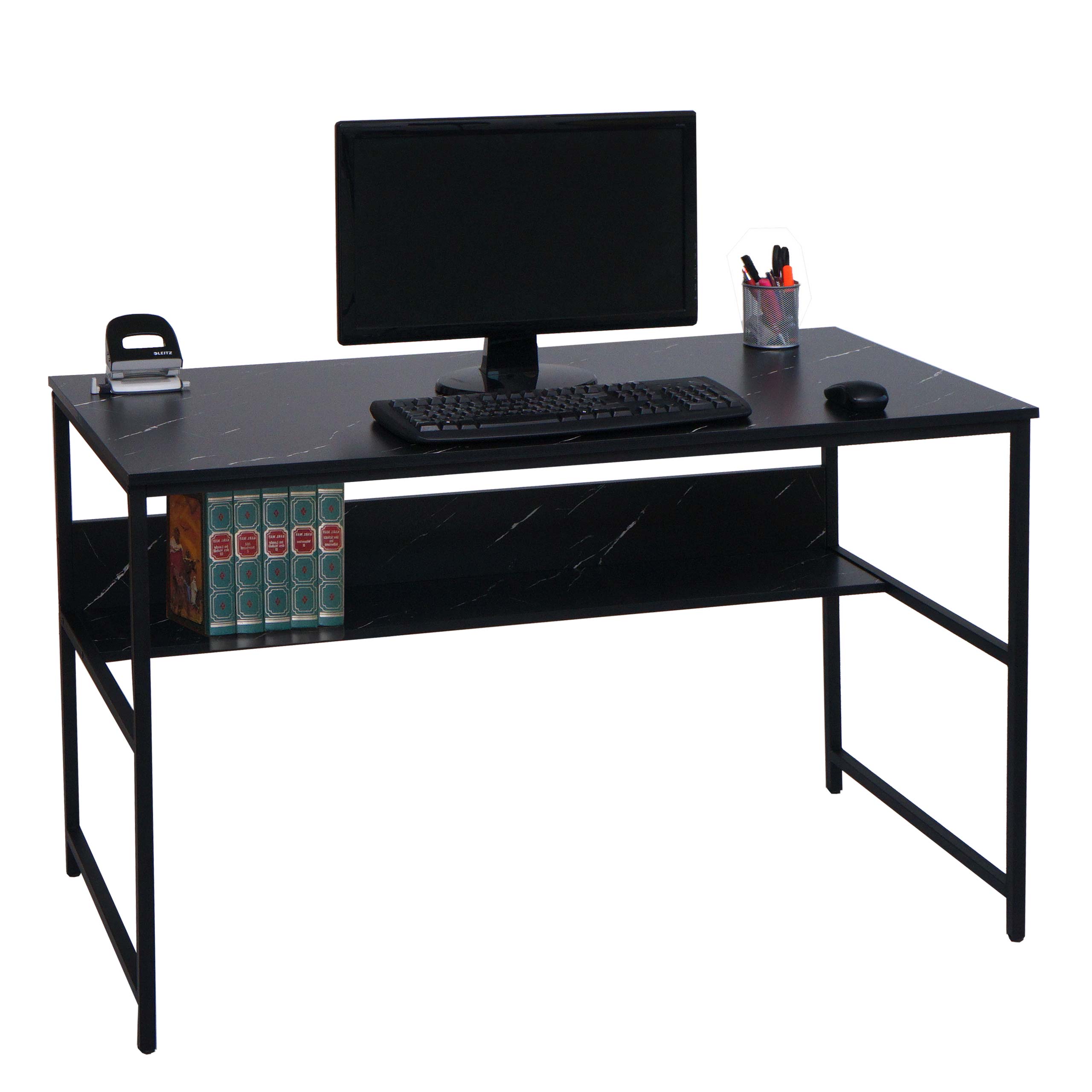 Schreibtisch MCW-K80, B&uuml;rotisch Computertisch Arbeitstisch Ablage, Metall MDF 120x60cm ~ Marmor-Optik schwarz - Bild 1