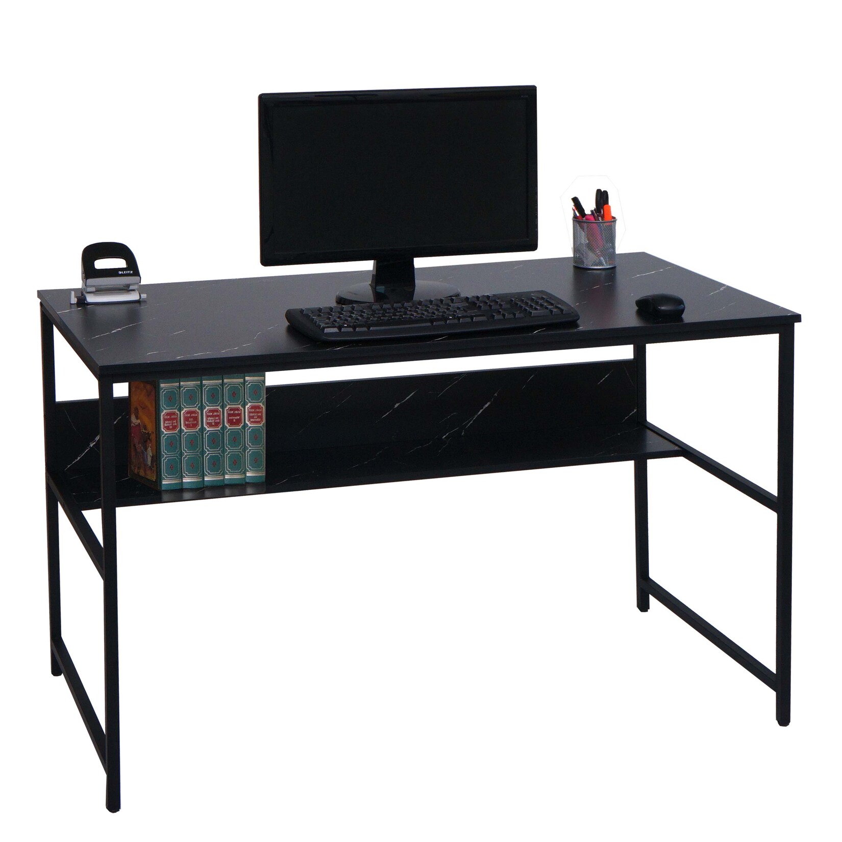 Schreibtisch MCW-K80, Bürotisch Computertisch Arbeitstisch Ablage, Metall MDF 120x60cm ~ Marmor-Optik schwarz