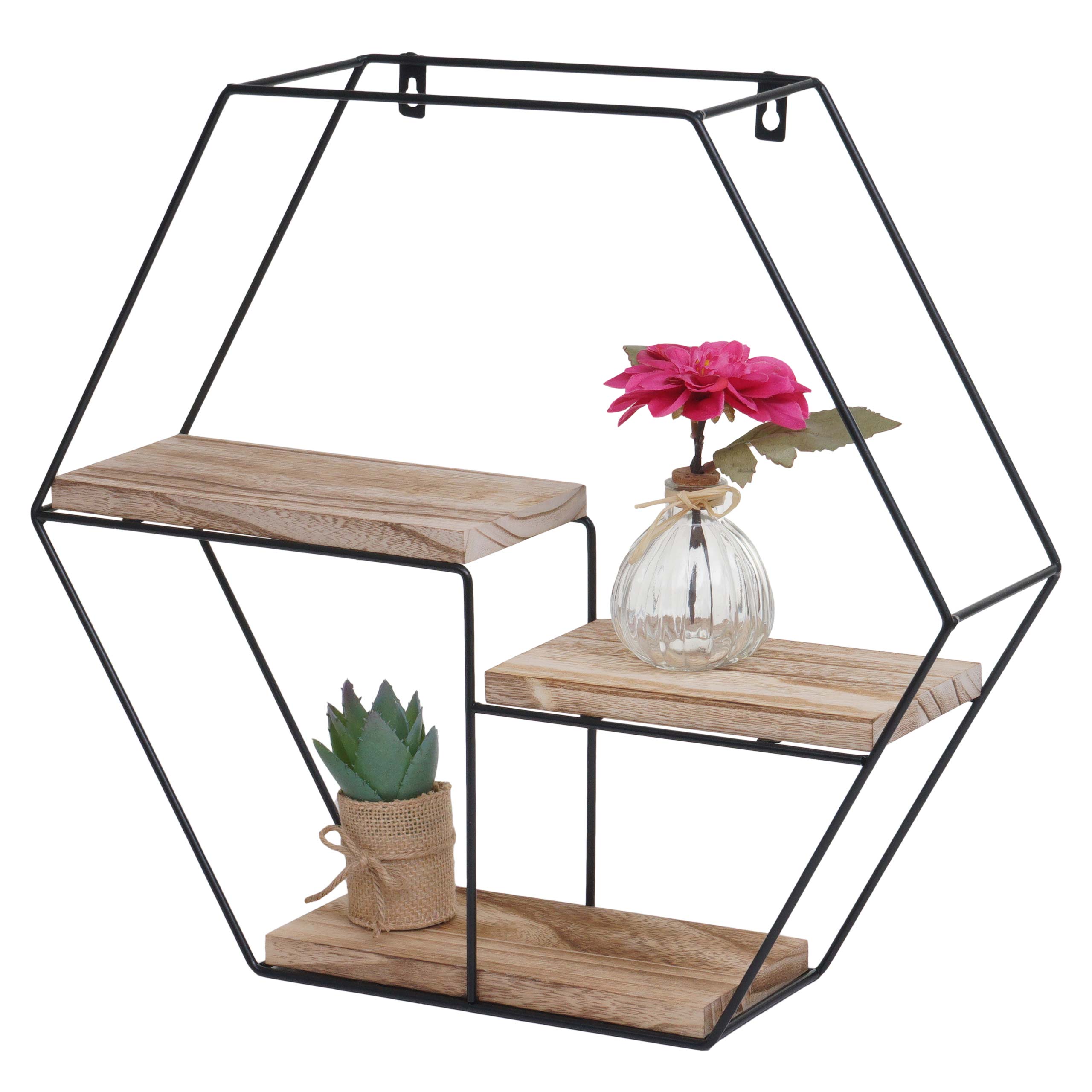 Wandregal MCW-K76, H&auml;ngeregal Schweberegal Regal, 3 Regalb&ouml;den Metall Massiv-Holz Industrial 43x49x11cm ~ natur - Bild 1