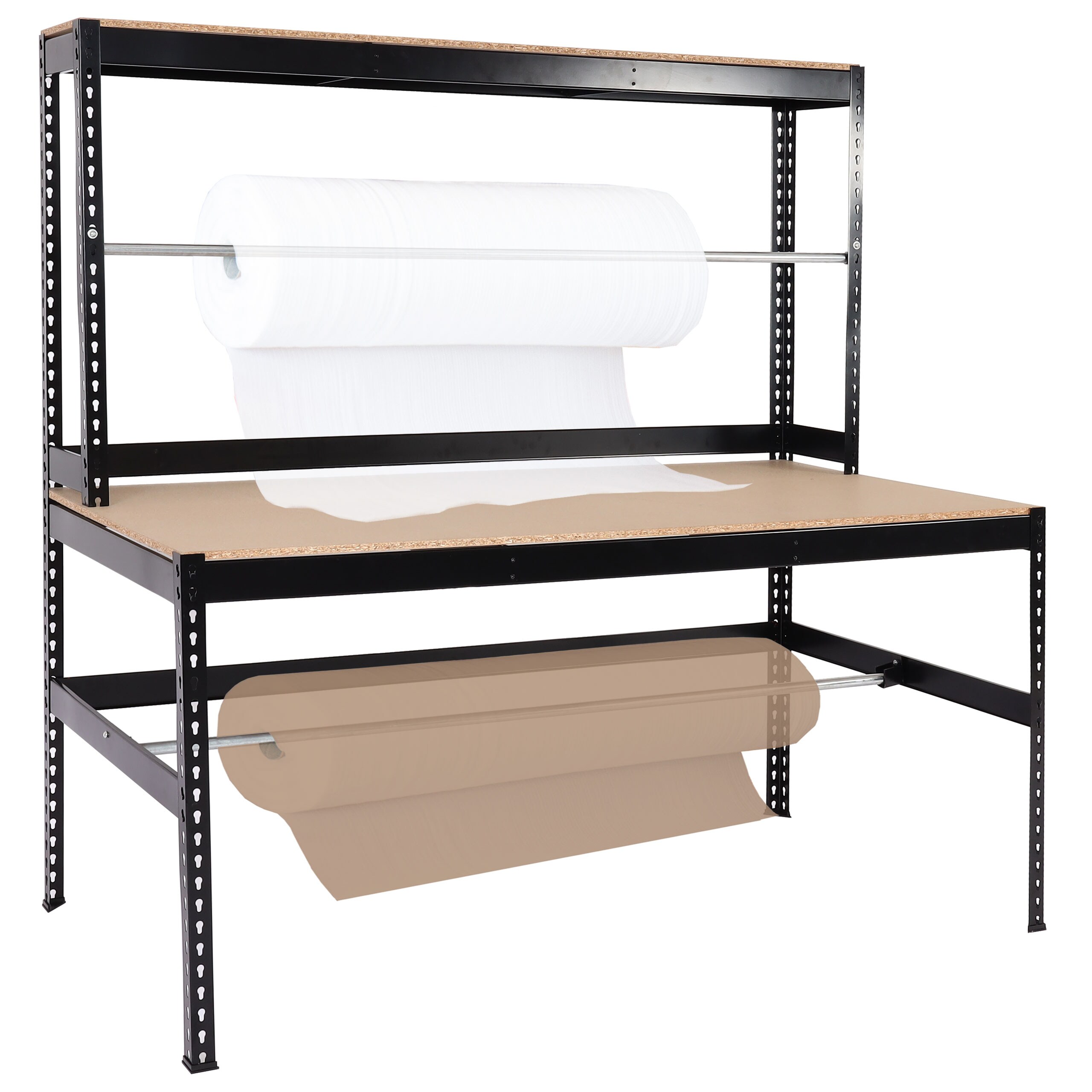 Packstation MCW-J84, Packtisch Arbeitstisch Werktisch, Rollenhalter h&ouml;henverstellbar, Holz Stahl 183x183x90cm, schwarz - Bild 1
