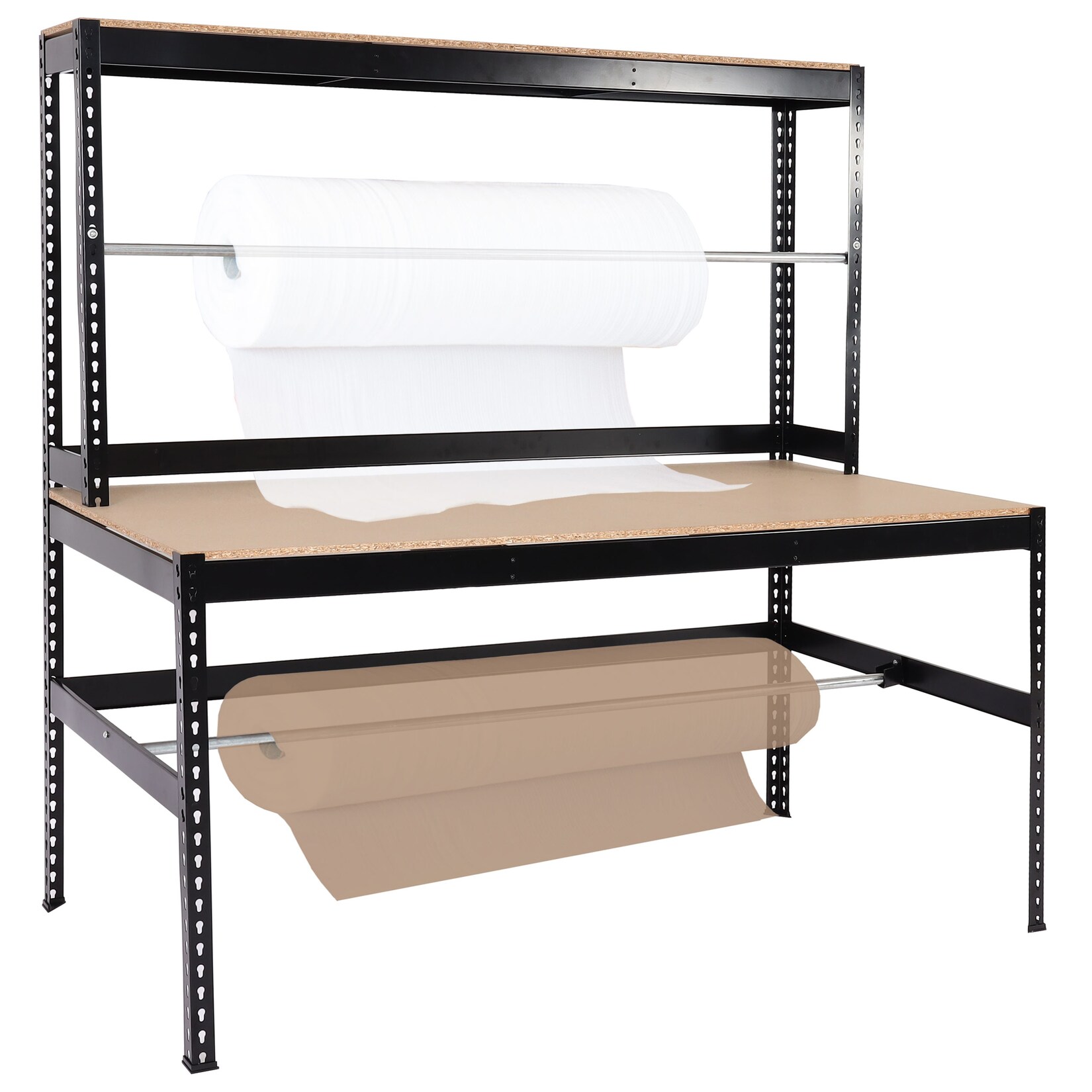 Packstation MCW-J84, Packtisch Arbeitstisch Werktisch, Rollenhalter höhenverstellbar, Holz Stahl 183x183x90cm, schwarz | 04057651601977