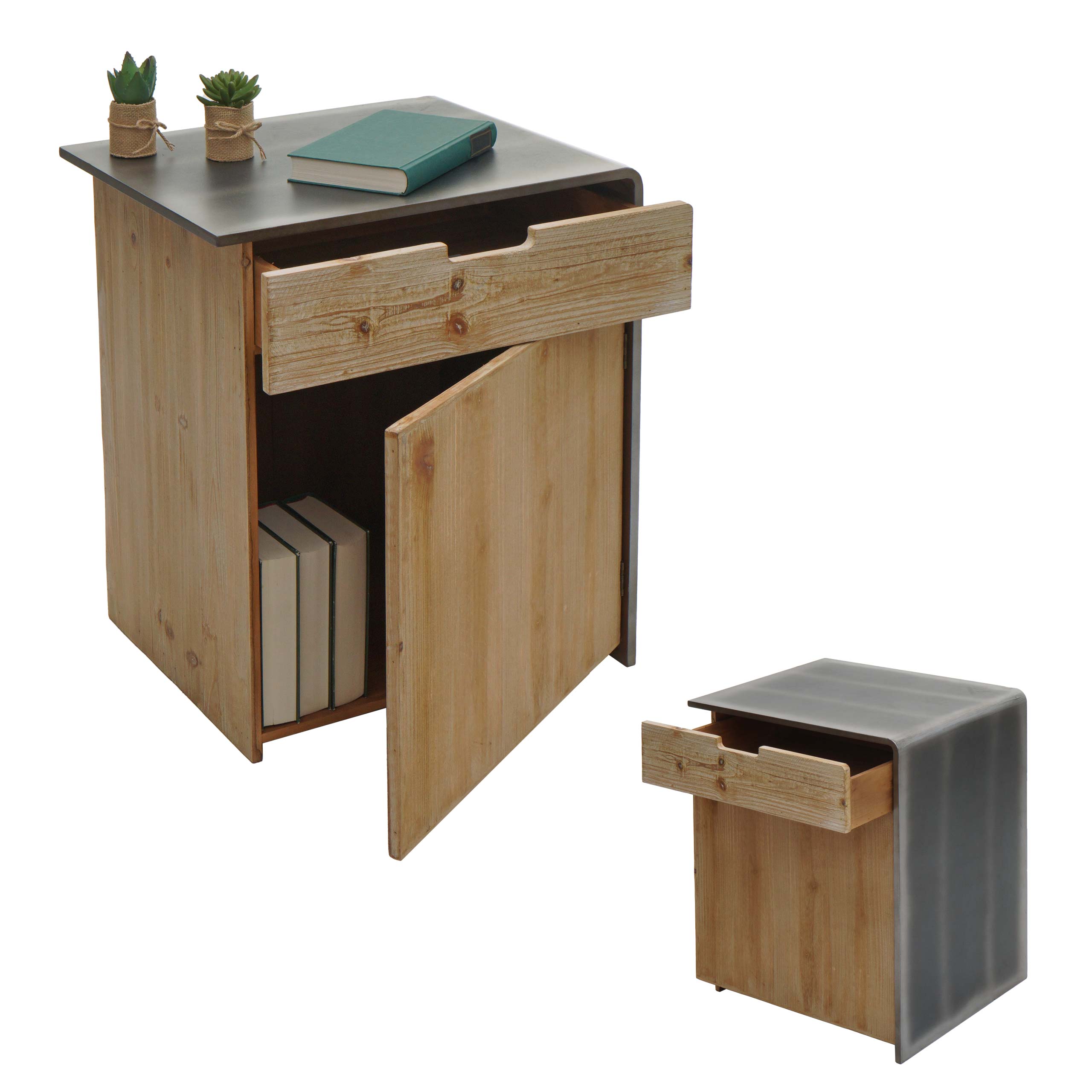 Kommode MCW-L76, Nachttisch Beistelltisch, Industrial Massives-Holz MVG-zertifiziert 60x50x40cm, natur mit Metall-Optik - Bild 1