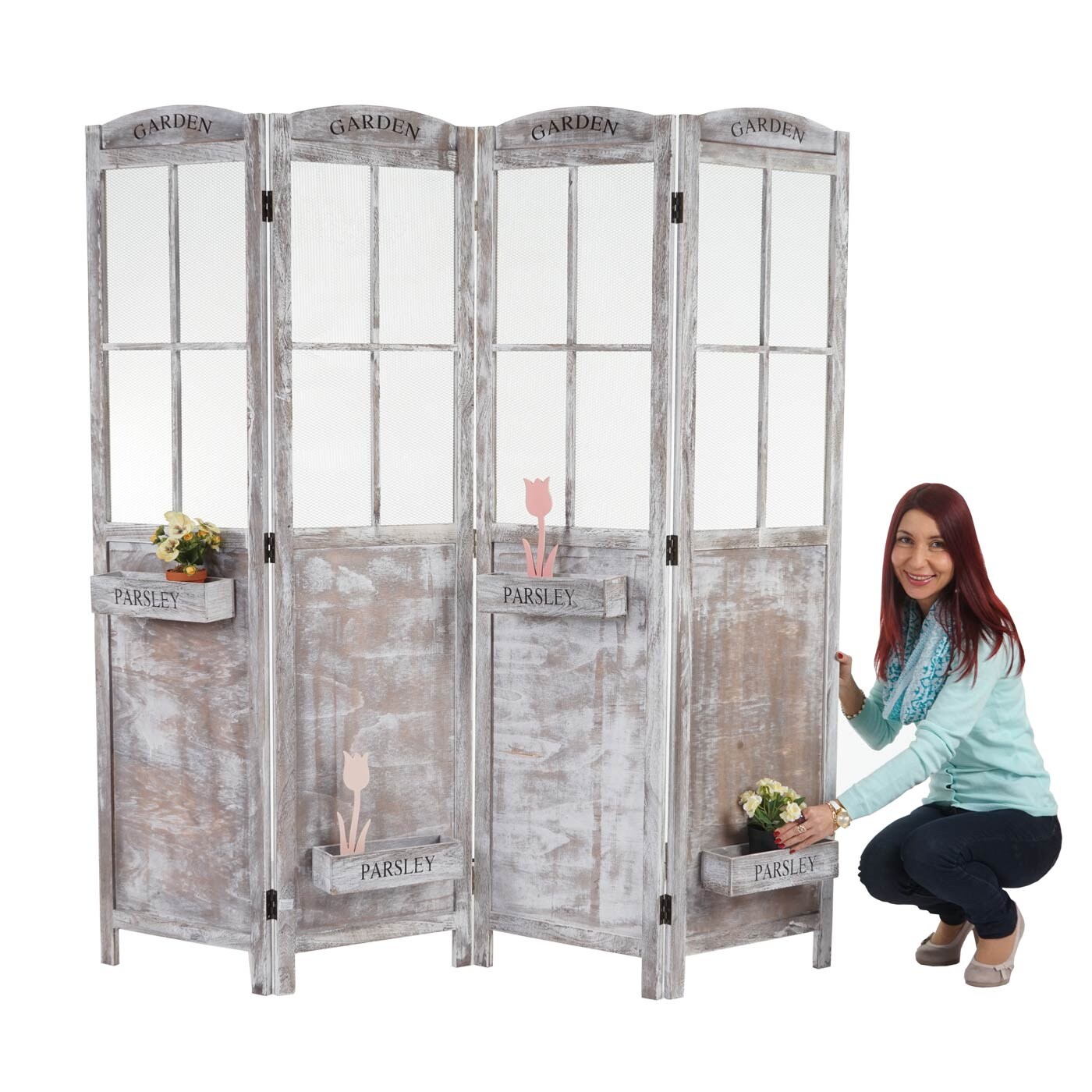 Paravent MCW-M66, Raumteiler Trennwand Sichtschutz, Pflanzkörbe 4 Paneele, Shabby-Look 170x180x22cm, braun-grau | 04057651604862