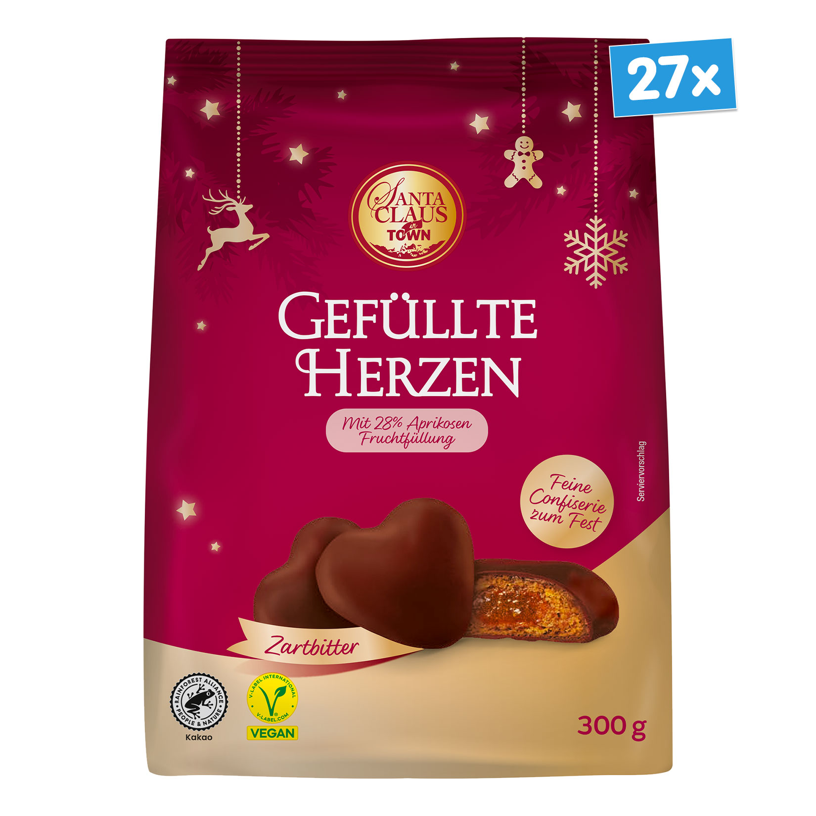 Santa Claus in Town Lebkuchenherzen Zartbitter 300 g, 27er Pack