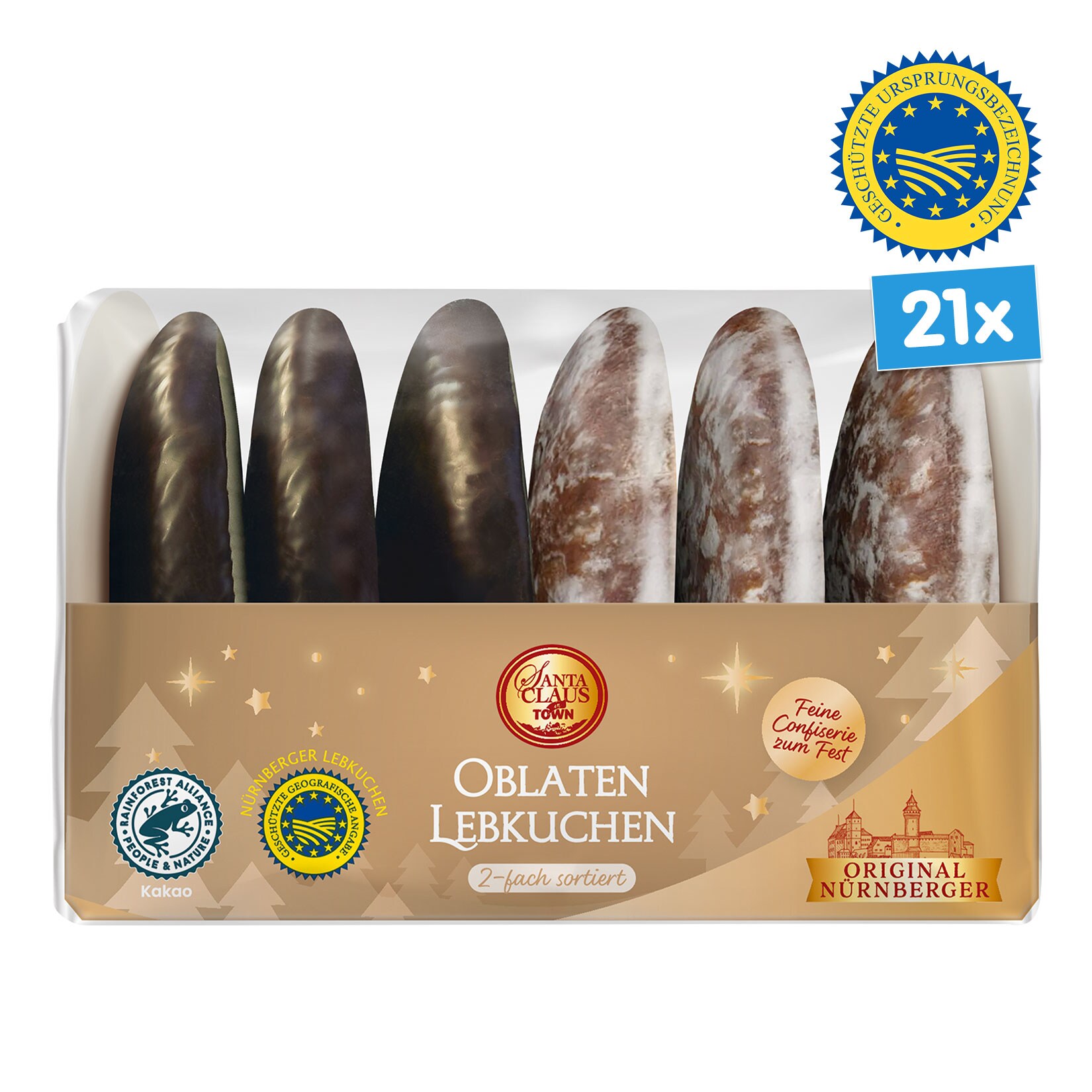 Santa Claus in Town Nürnberger Lebkuchen 2-fach g.g.A. 200 g, 21er Pack