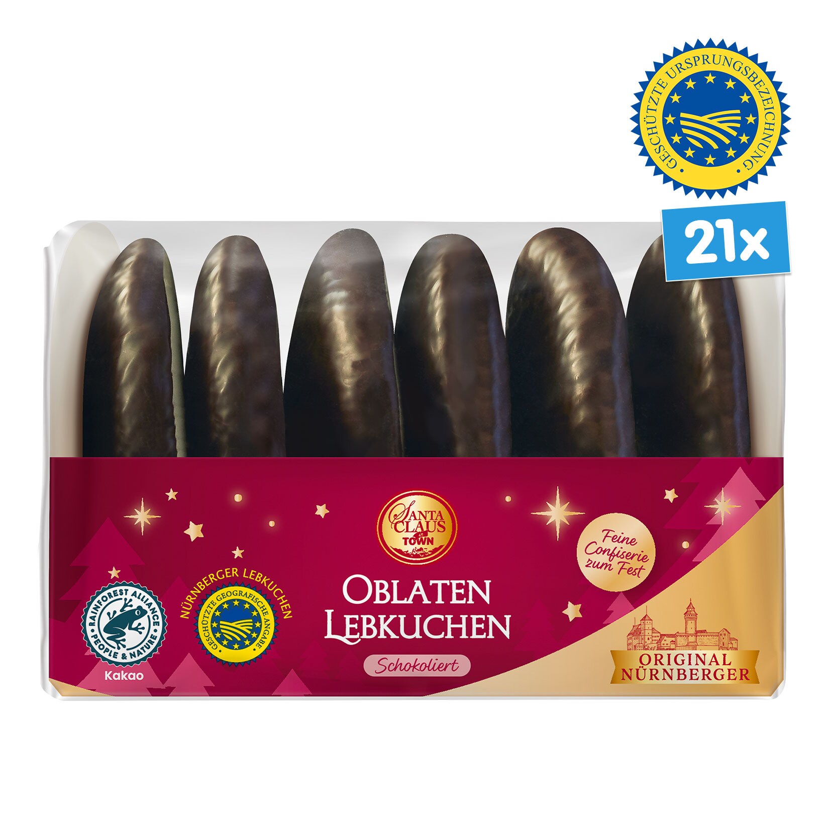 Santa Claus in Town Nürnberger Lebkuchen schokoliert Zartbitter g.g.A. 200 g, 21er Pack