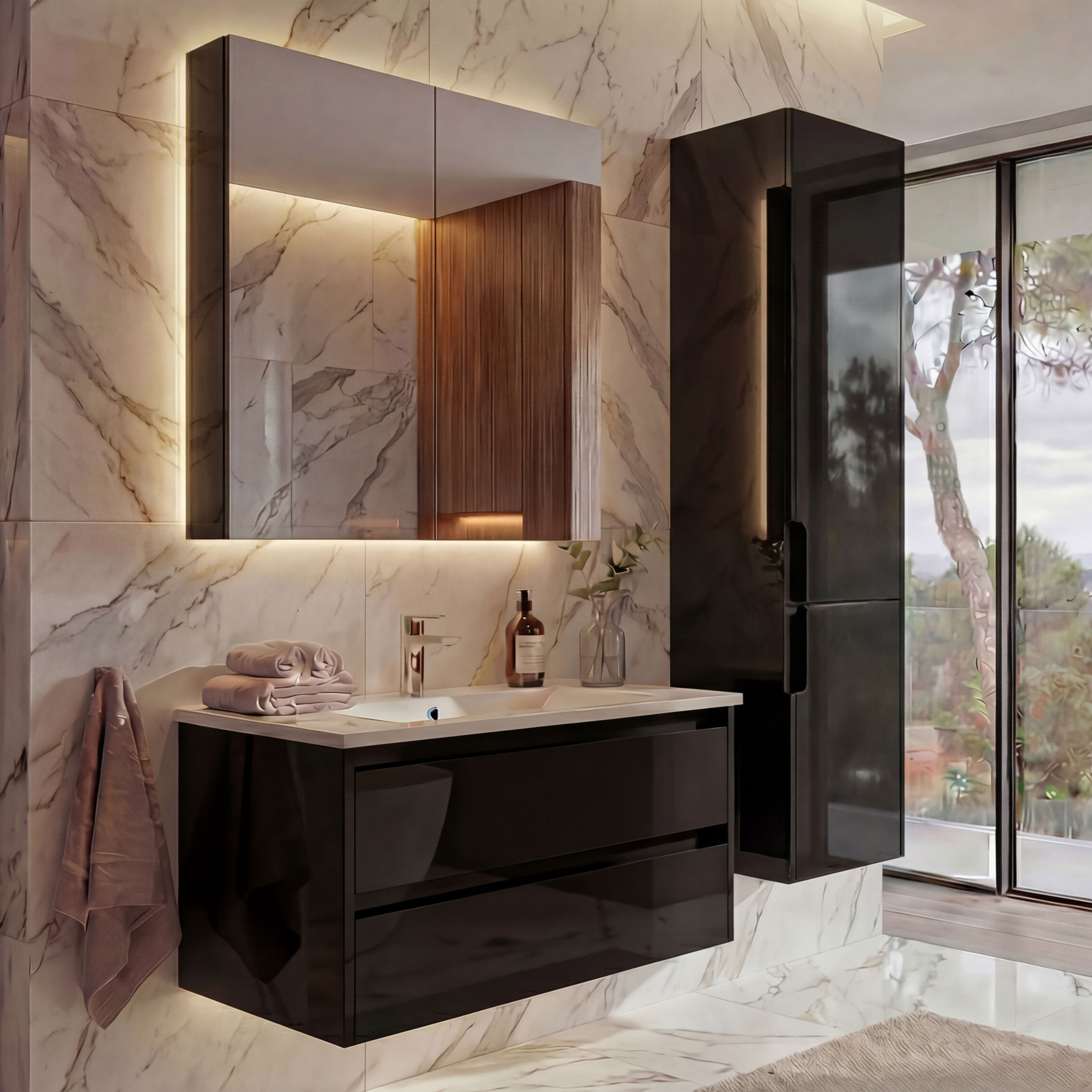 Badezimmerset MCW-B19b, Waschtisch Spiegelschrank H&auml;ngeschrank, hochglanz MVG-zertifiziert ~ schwarz - Bild 1