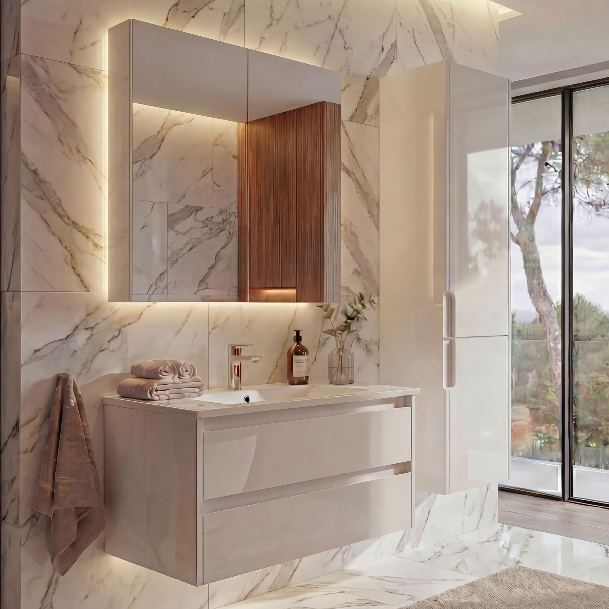 Badezimmerset MCW-B19b, Waschtisch Spiegelschrank H&auml;ngeschrank, hochglanz MVG-zertifiziert ~ wei&szlig; - Bild 1