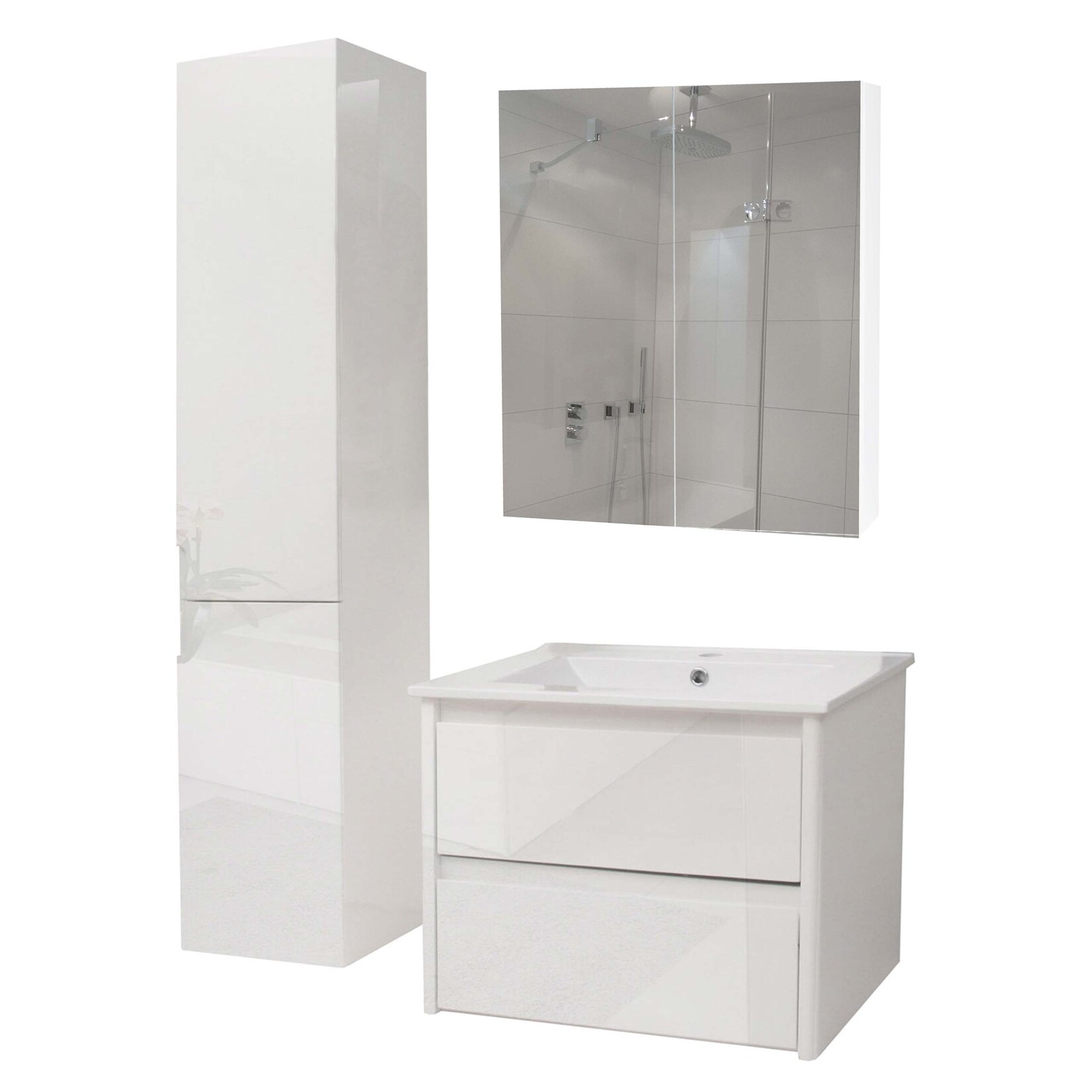 Badezimmerset MCW-B19b, Waschtisch Spiegelschrank Hängeschrank, hochglanz MVG-zertifiziert ~ weiß | 04057651541860