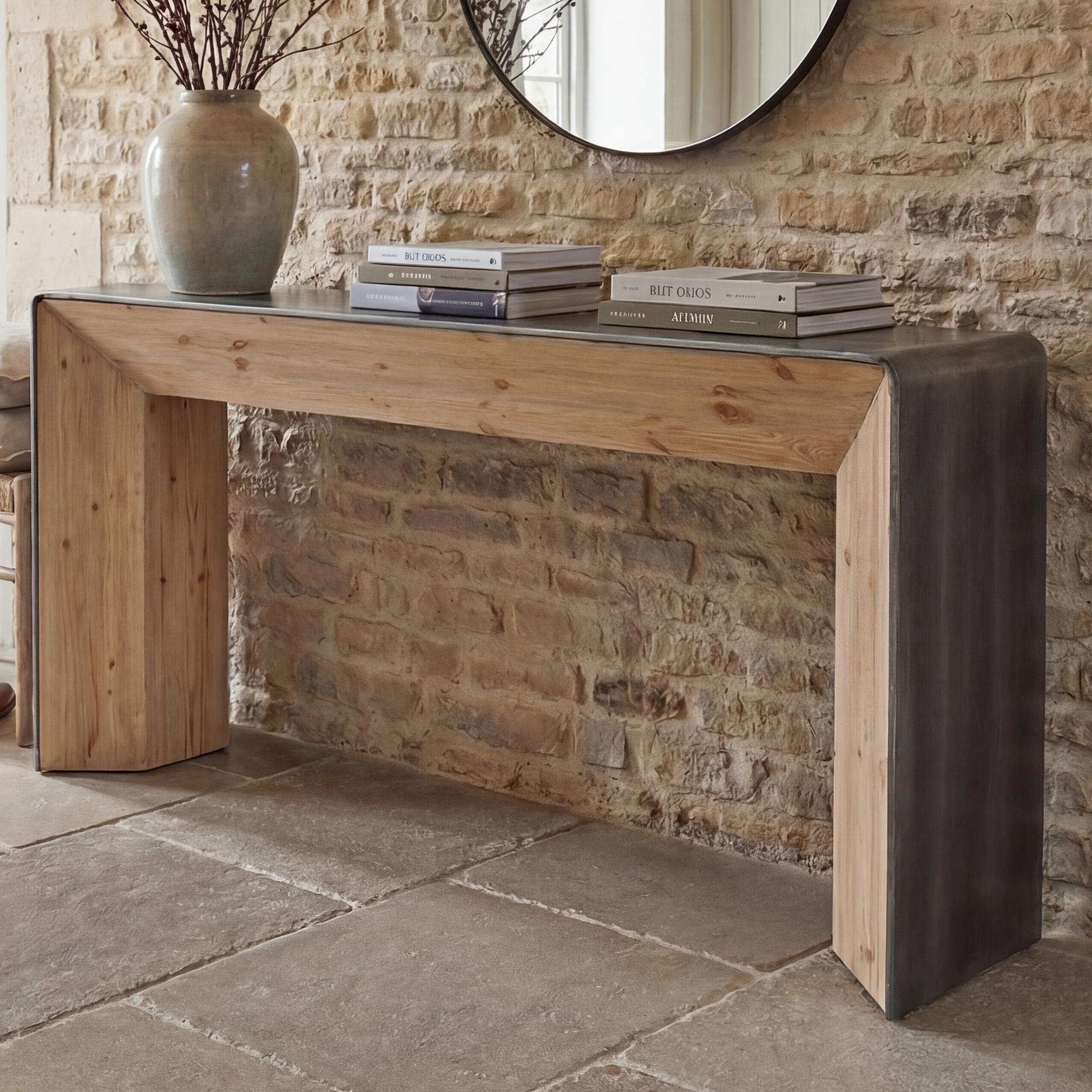 Konsolentisch MCW-L76, Telefontisch Beistelltisch Tisch, Industrial Massiv-Holz MVG, 80x120x40cm natur mit Metall-Optik - Bild 1