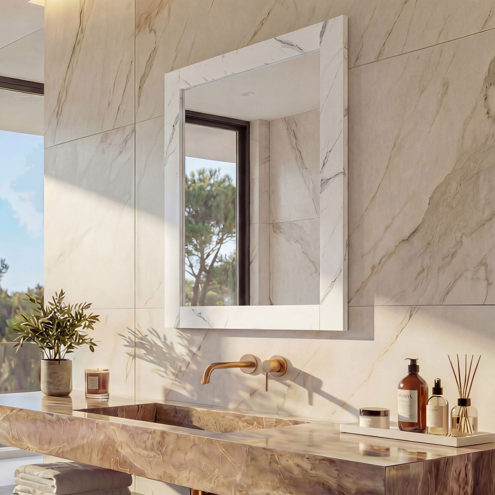 Wandspiegel MCW-L86, Badezimmer Badspiegel Spiegel Badmöbel, MVG-zertifiziert 72x52cm ~ Marmor-Optik weiß