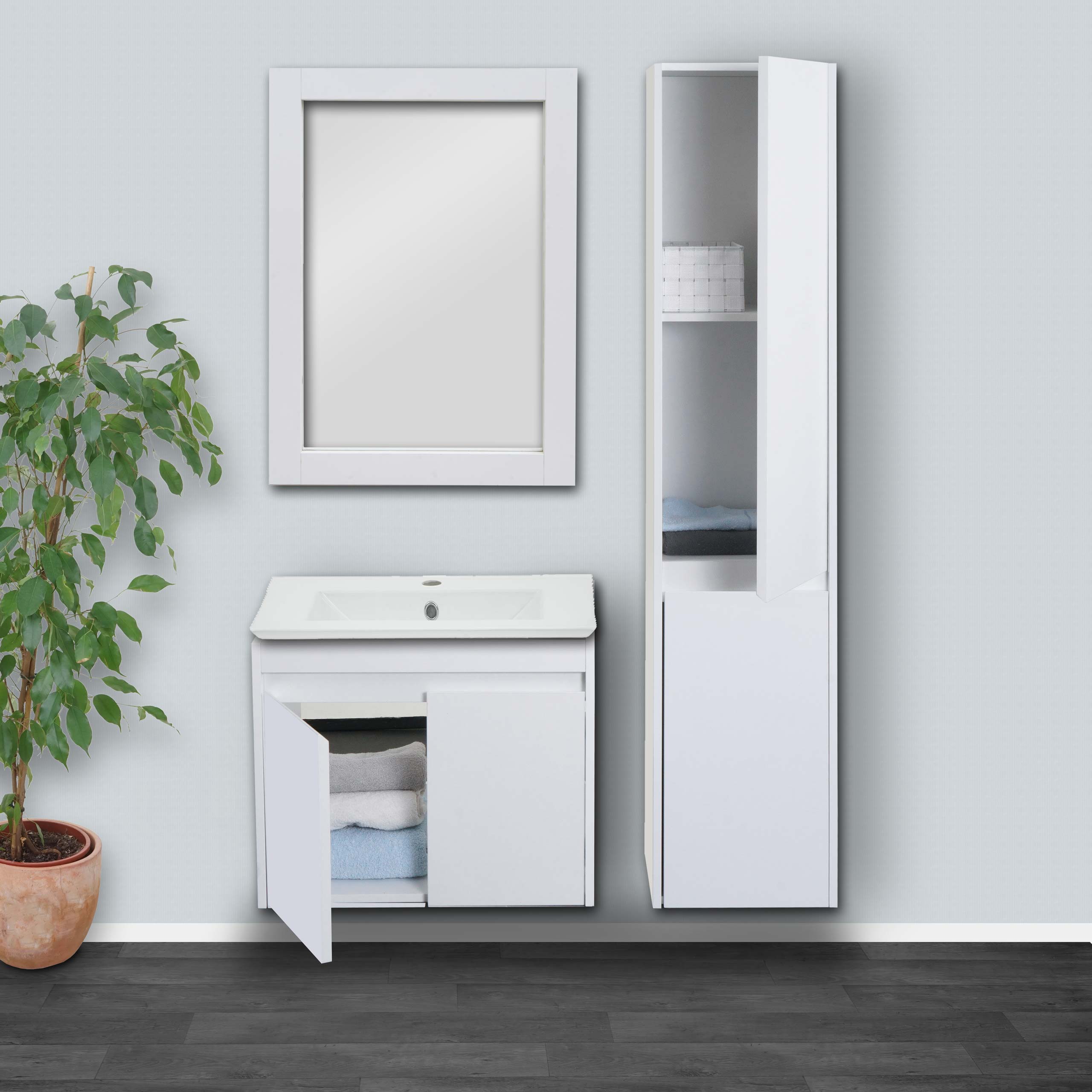 Badezimmerset MCW-L86, Waschtisch Wandspiegel H&auml;ngeschrank Waschbecken, MVG-zertifiziert Melaminbeschichtet ~ wei&szlig; - Bild 1