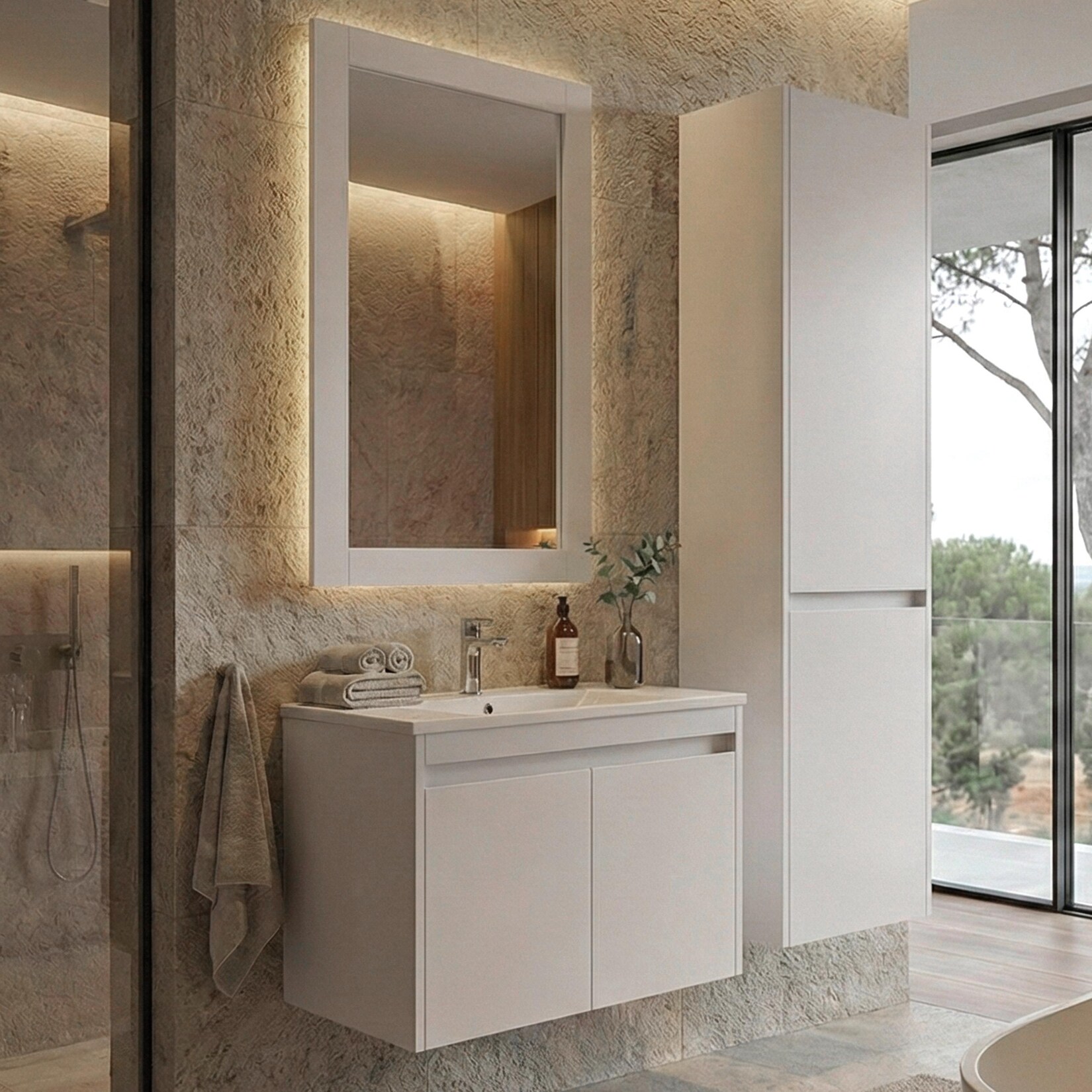 Badezimmerset MCW-L86, Waschtisch Wandspiegel Hängeschrank Waschbecken, MVG-zertifiziert Melaminbeschichtet ~ weiß | 04057651606736