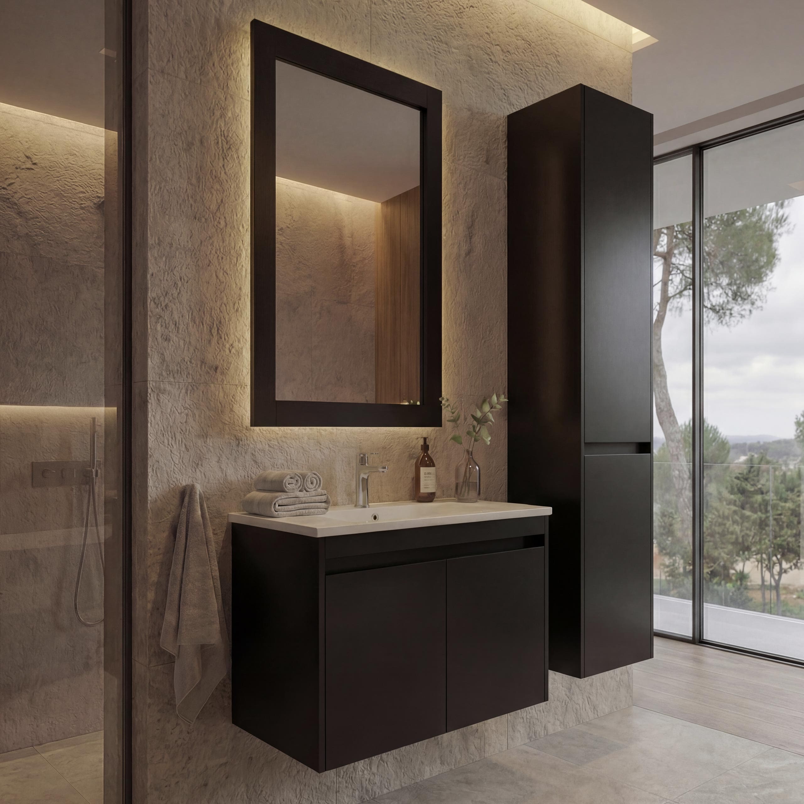 Badezimmerset MCW-L86, Waschtisch Wandspiegel H&auml;ngeschrank Waschbecken, MVG-zertifiziert Melaminbeschichtet ~ schwarz - Bild 1