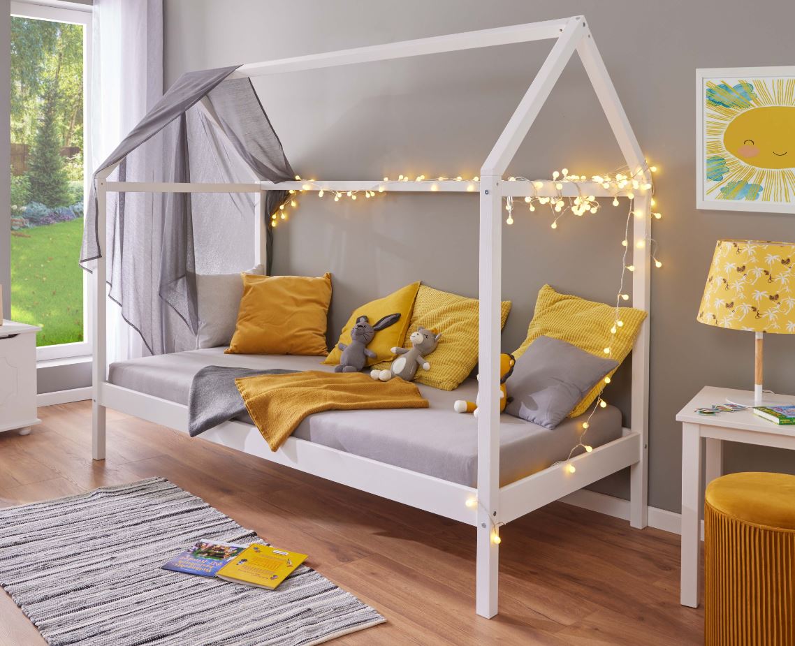 Inter Link Kinderbett Hausbett Sunroad 90x200 cm in Kiefer Massivholz - Weiss - Bild 1