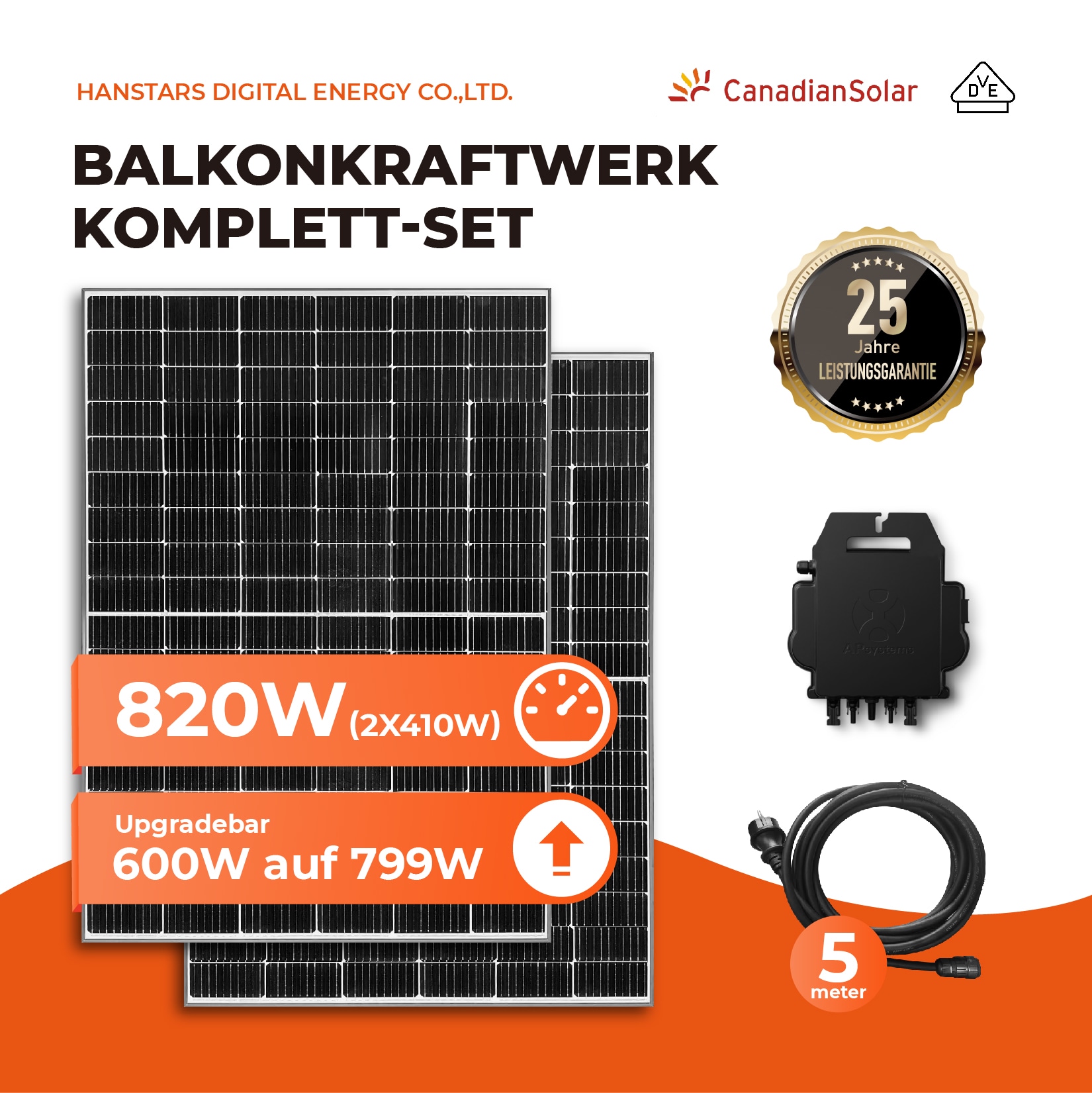 Balkonkraftwerk, 820W Canadian Solar PV-Module, 600/799W Ausgang mit APsystems WR, AC-Kabel, APP - Bild 1