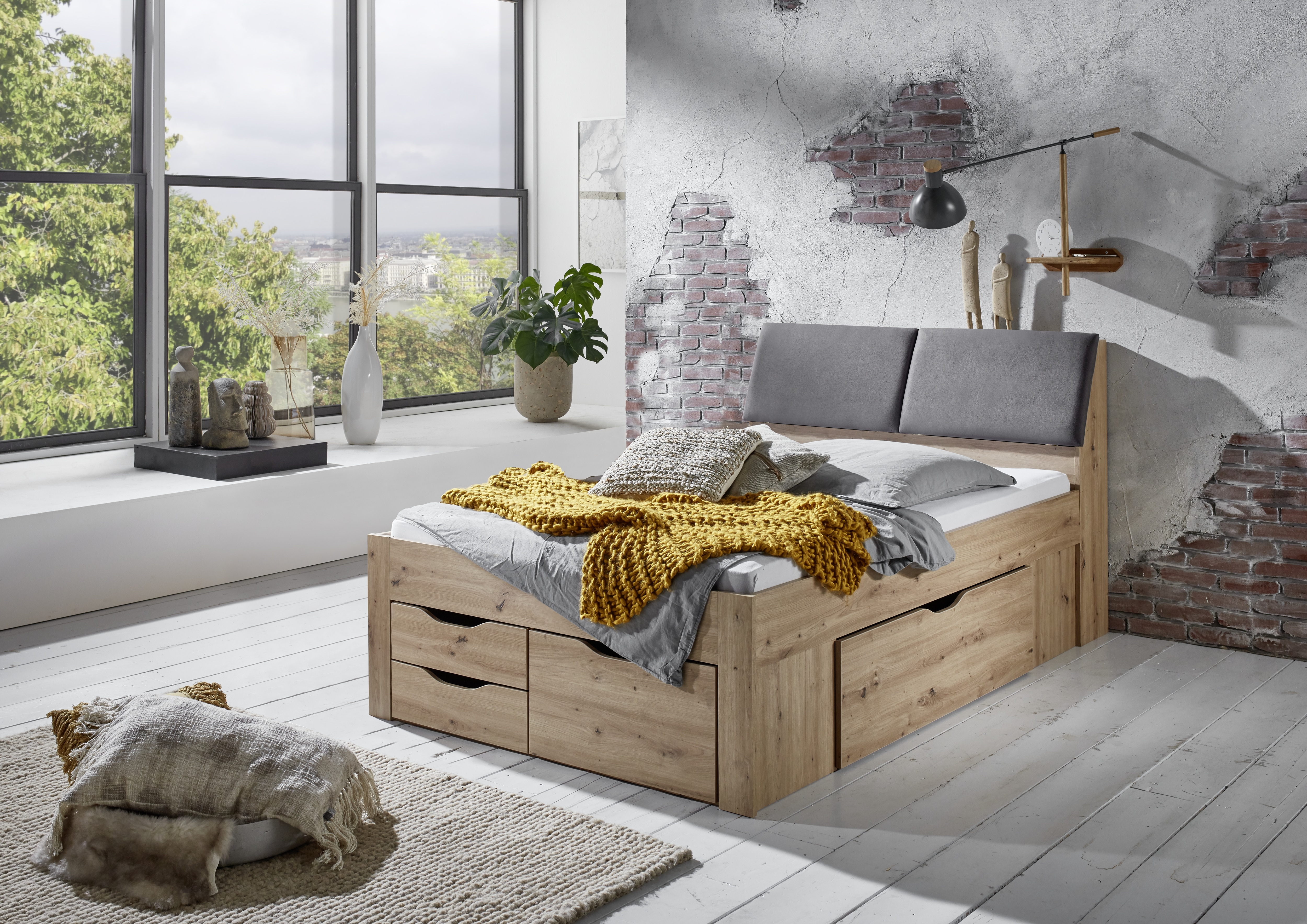 Relita - Funktionsbett Maxi 140 x 200 cm, ohne Lattenrost mit 5 Bettschubladen und Stauraum-Polster-Kopfteil, Ausf. Eiche Artisan Dekor - Bild 1