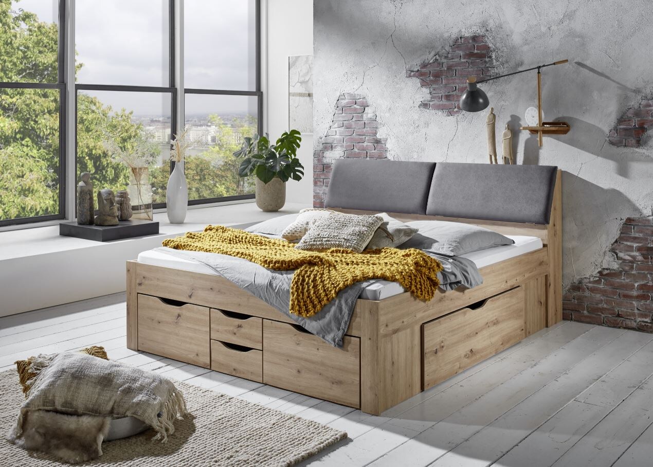 Relita – Funktionsbett Maxi 180 x 200 cm, ohne Lattenrost mit 6 Bettschubladen und Stauraum-Polster-Kopfteil, Ausf. Eiche Artisan Dekor | 04250468572854