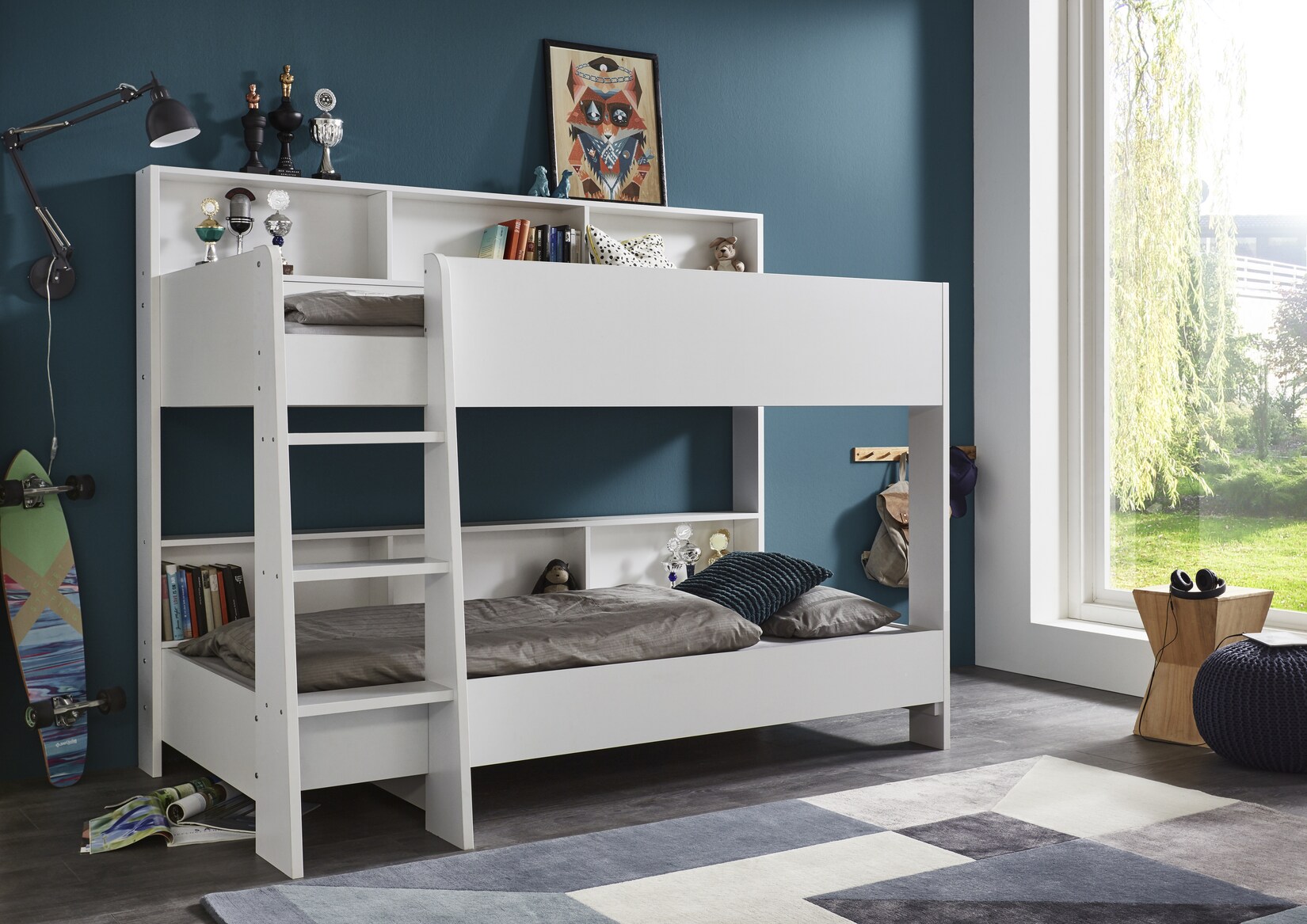 Relita – Etagenbett SWAY mit 2 x Liegeflächen 90×200 cm, inkl. Bodenplatte und Regalen, Ausführung Spanplatte weiß Dekor | 04250468568185