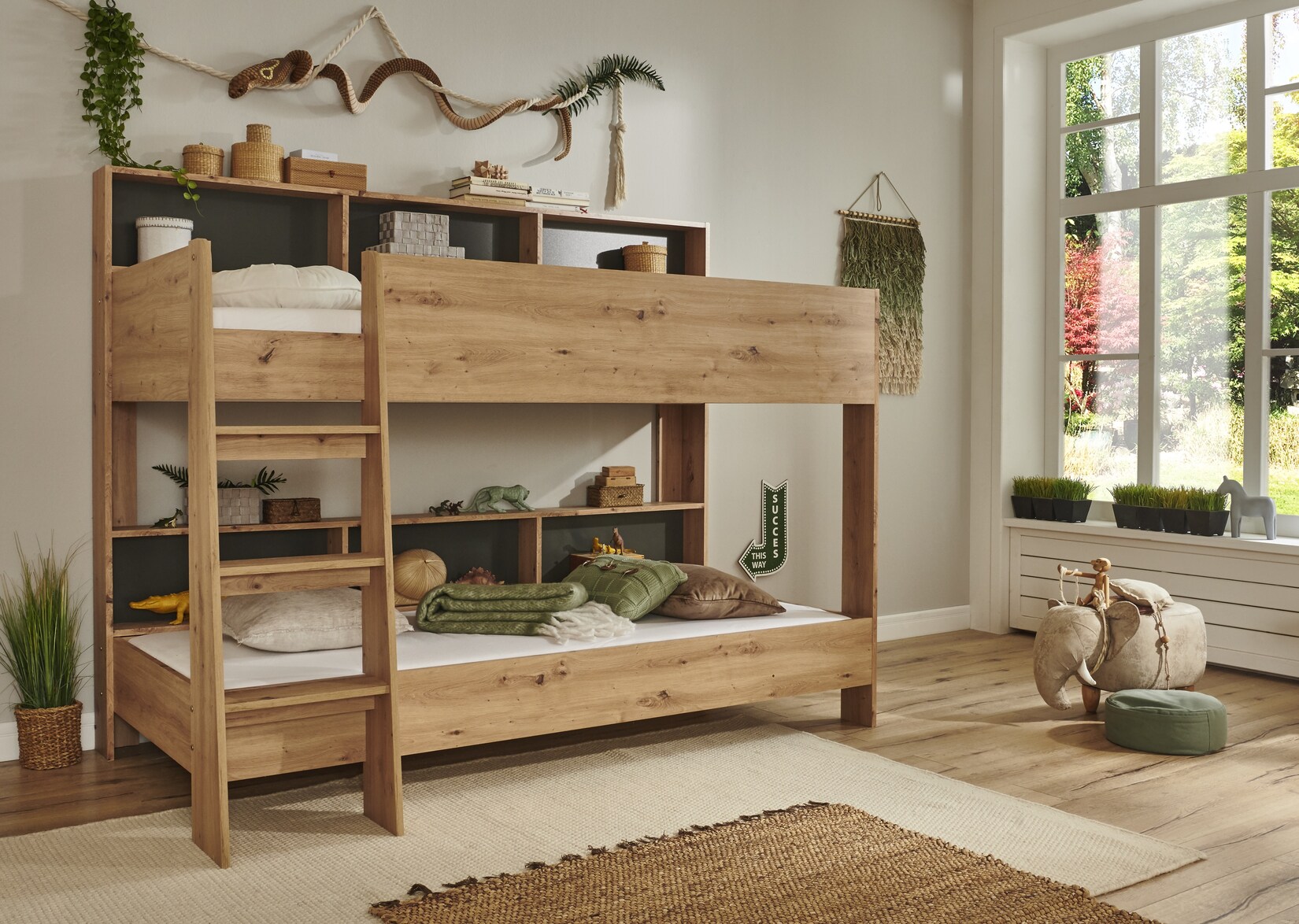 Relita – Etagenbett SWAY mit 2 x Liegeflächen 90×200 cm, inkl. Bodenplatte und Regalen, Ausführung Spanplatte Eiche Artisan Dekor | 04250468574322