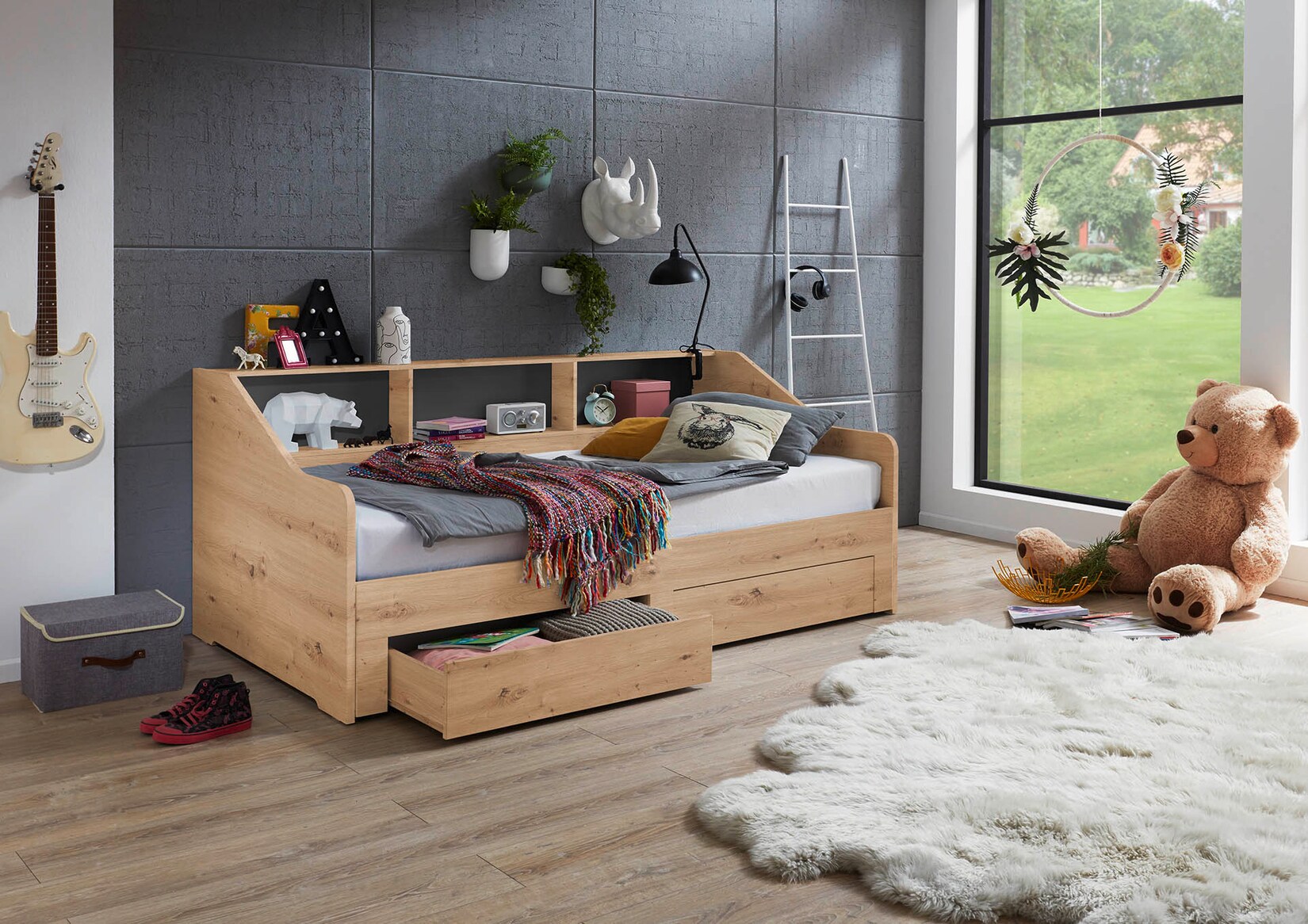 Relita – Funktionsbett Rene 90x 200 auf 180 x 200 cm Liegefläche ausziehbar, inkl. 2 Schubladen und Regal, Ausf. Eiche Artisan Dekor | 04250468575909