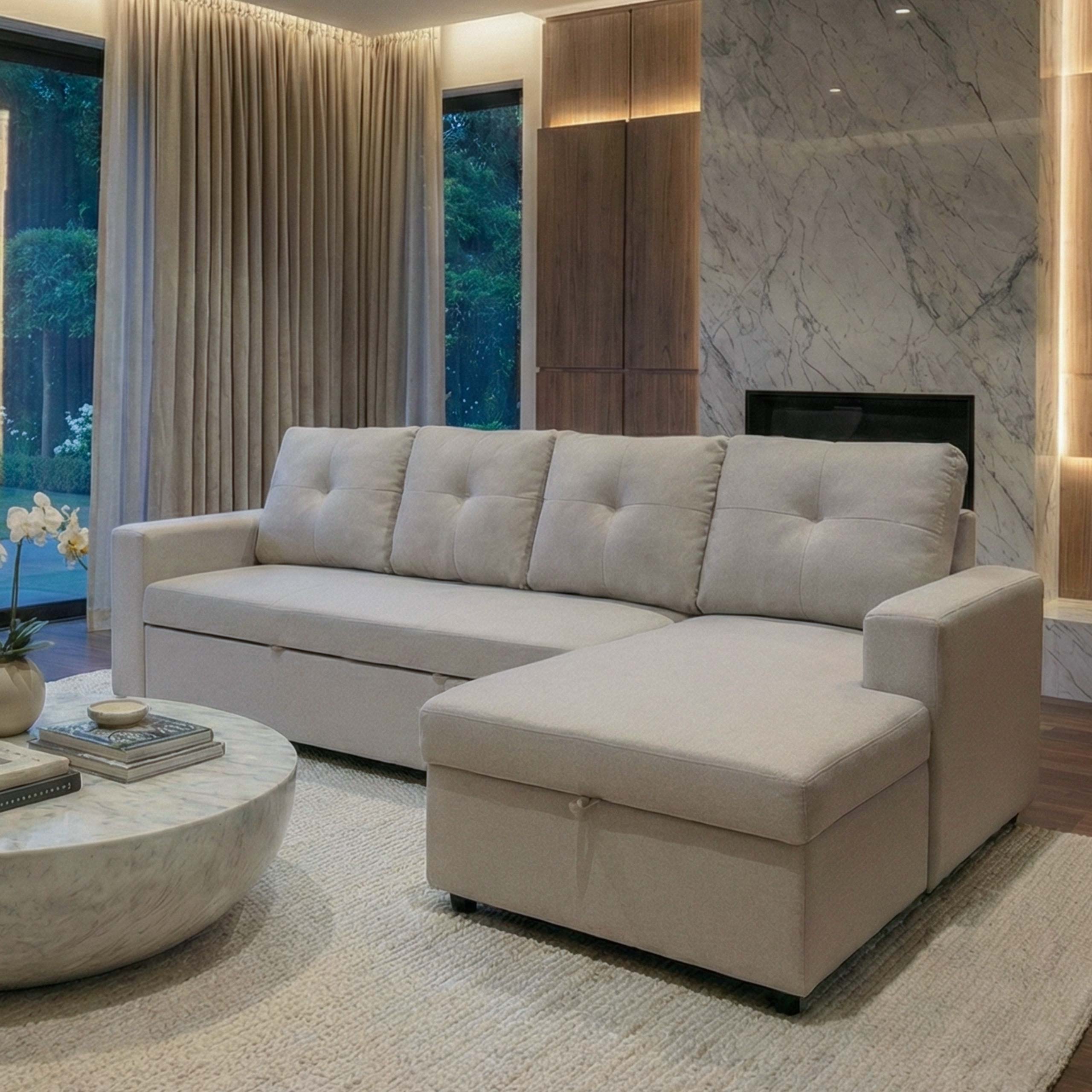 Ecksofa mit Bettkasten MCW-L16, Couch Sofa L-Form, Liegefl&auml;che rechts Nosagfederung Stoff/Textil 290cm ~ beige - Bild 1