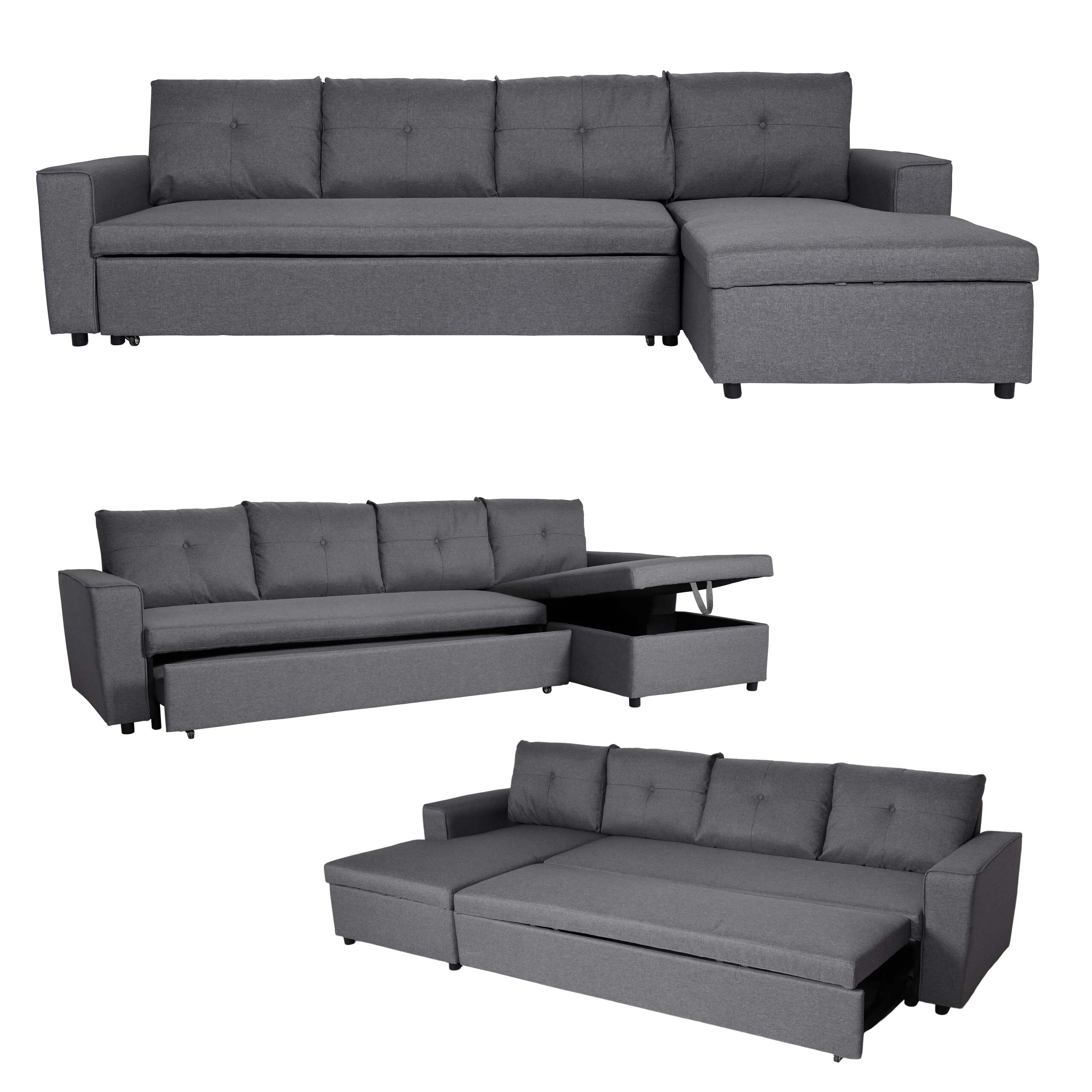 Ecksofa mit Bettkasten MCW-L16, Couch Sofa L-Form Liegefl&auml;che links/rechts Nosagfederung Stoff/Textil 290cm ~ dunkelgrau - Bild 1