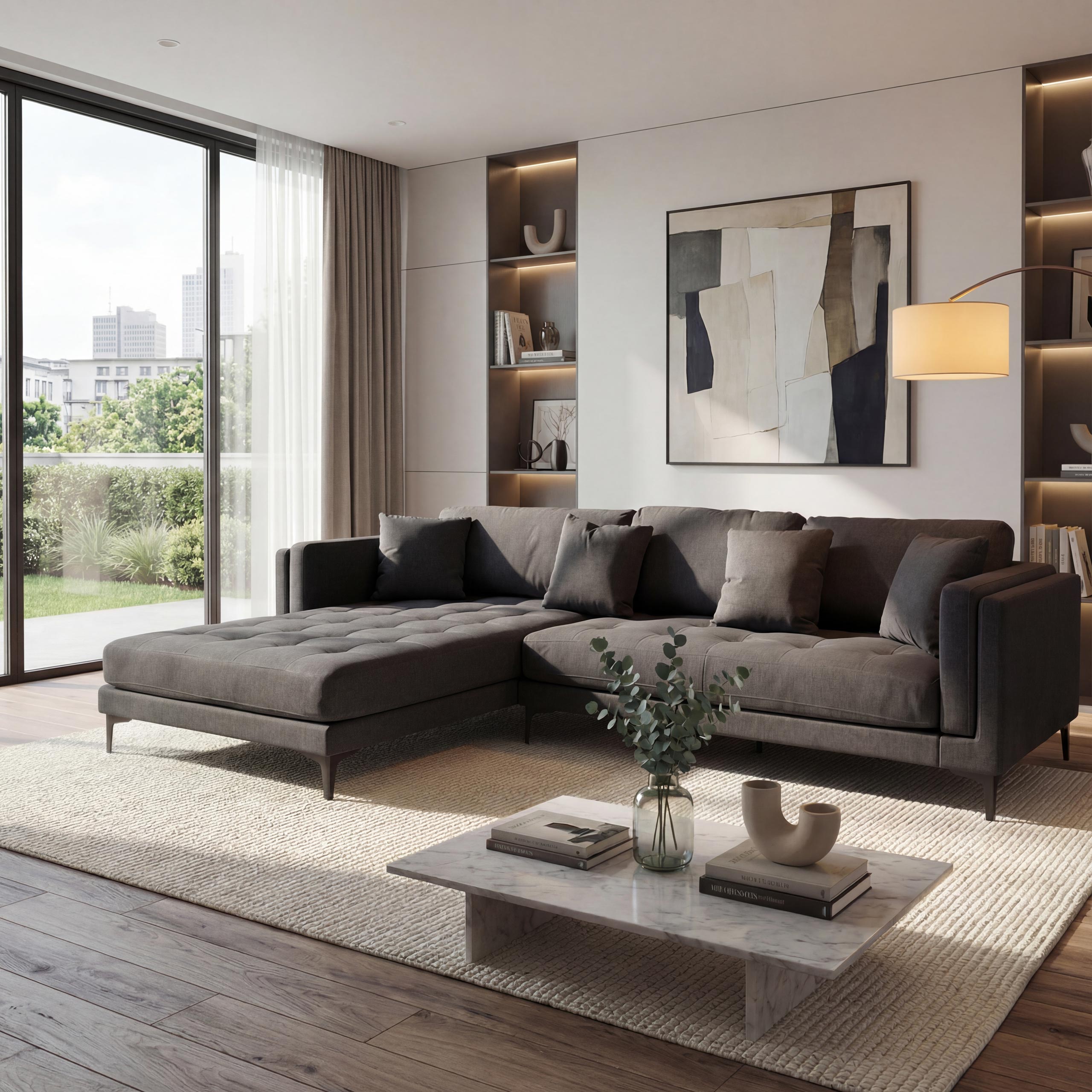 Sofa-Garnitur MCW-M27, Couch Ecksofa L-Form, Liegefl&auml;che links/rechts, Massiv-Holz 293cm ~ Stoff/Textil dunkelgrau - Bild 1