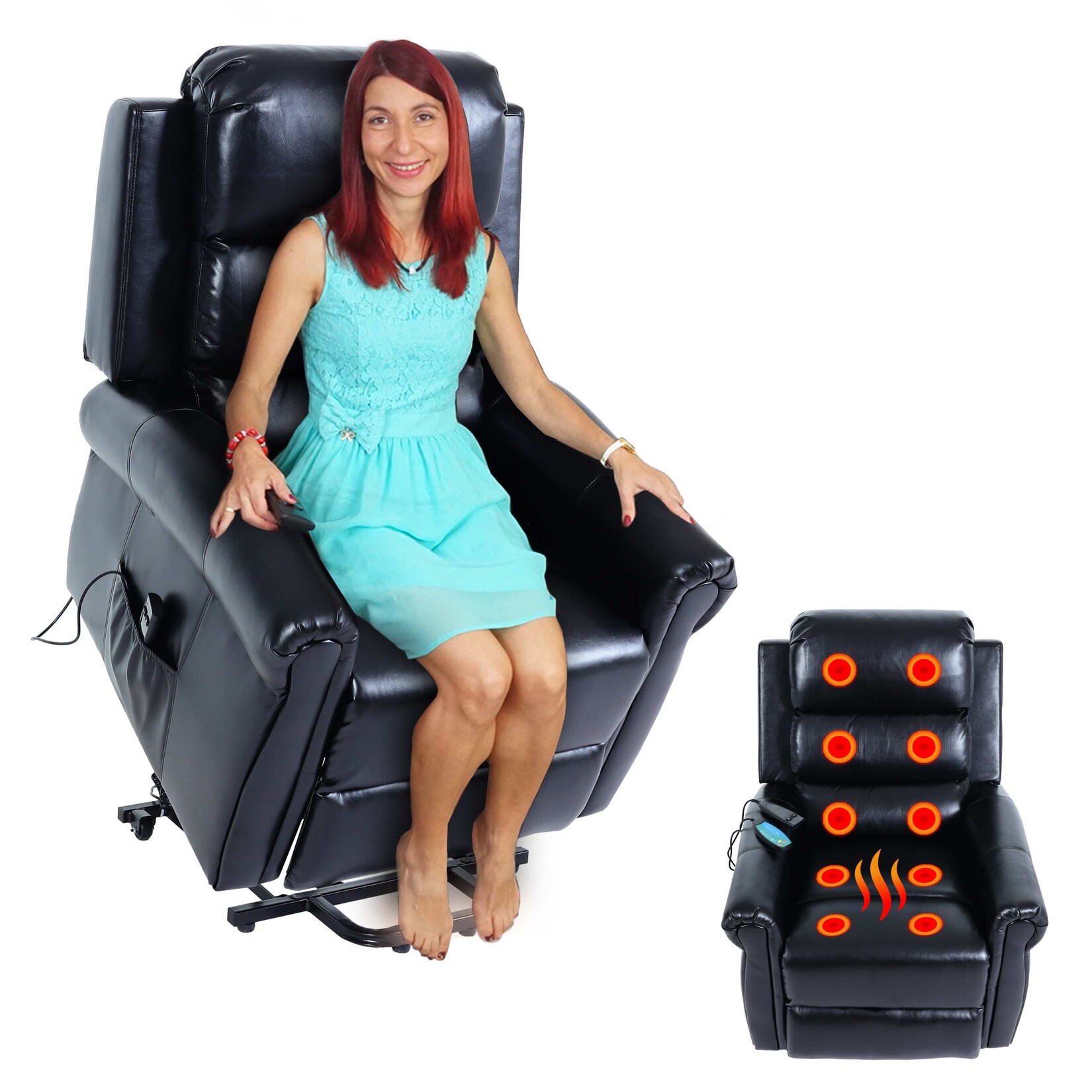 Fernsehsessel MCW-K63, Relaxsessel Sessel, Liegefunktion Aufstehhilfe Massage Heizfunktion, Kunstleder ~ schwarz