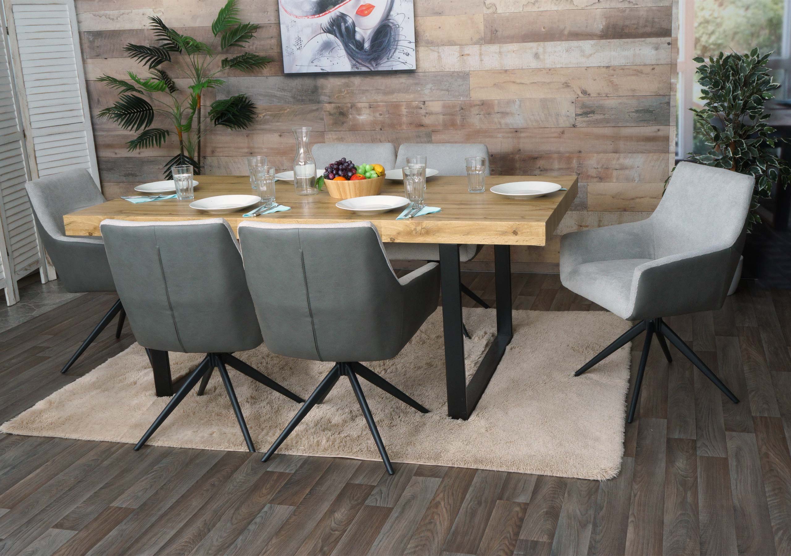 6er-Set Esszimmerstuhl MCW-L91, K&uuml;chenstuhl Armlehne drehbar Auto-Position Stoff MVG ~ hellgrau Kunstleder dunkelgrau - Bild 1