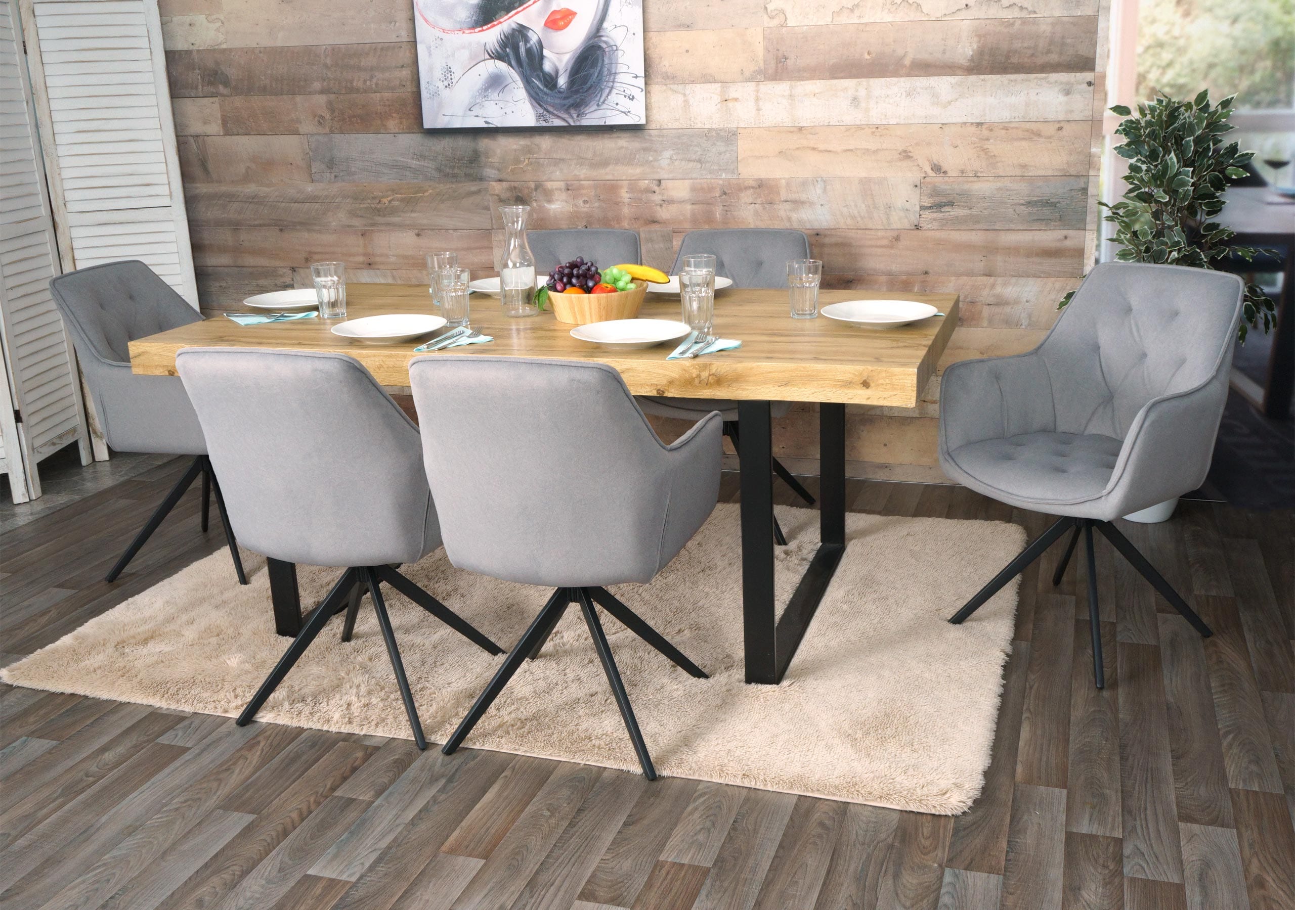 6er-Set Esszimmerstuhl MCW-L80, K&uuml;chenstuhl Polsterstuhl Stuhl mit Armlehne, drehbar, Metall Stoff/Textil ~ hellgrau - Bild 1